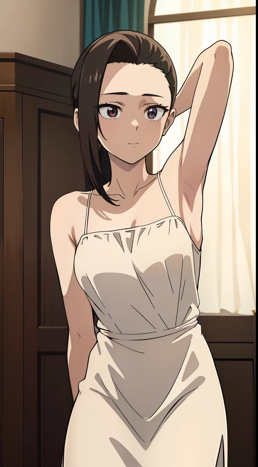 Highres, Masterpiece, Best quality at best,Best Quality,hight quality, hight detailed, Momo Yaoyorozu, masterpiece, slip dress, upper body, body only, (slim body), (short body), (showing armpit:1.3), sexy