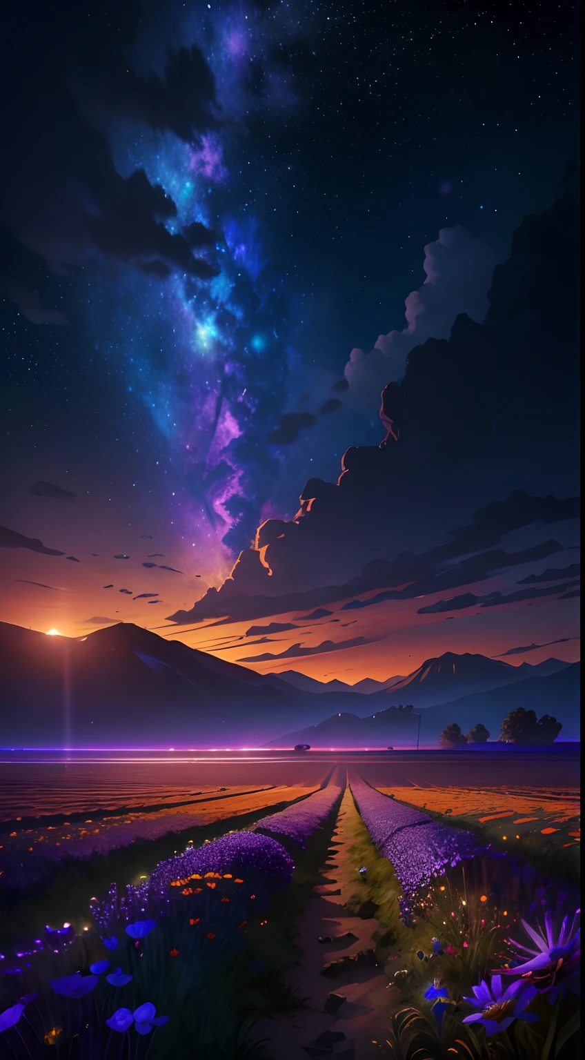 the night，extreme light，mountain ranges，Wide landscape photos, (look from down, The sky is above, The vacant lot is below), (A girl standing on a flower field looking up), (full moon: 1.2), (meteors: 0.9), (Starcloud: 1.3), Distant mountains , green trees,artisanal art, (Warm light: 1.2), (Firefly: 1.2), lamp lights, Lots of purple and orange, Intricate details, Volumetric lighting BREAK (Masterpiece: 1.2), (Best quality), 4K, Ultra detailed, (Dynamic composition: 1.4), Rich in detail and color, (Irridescent color: 1.2), (Glow, Atmospheric lighting), Dreamy, magical, (Solo: 1.2)