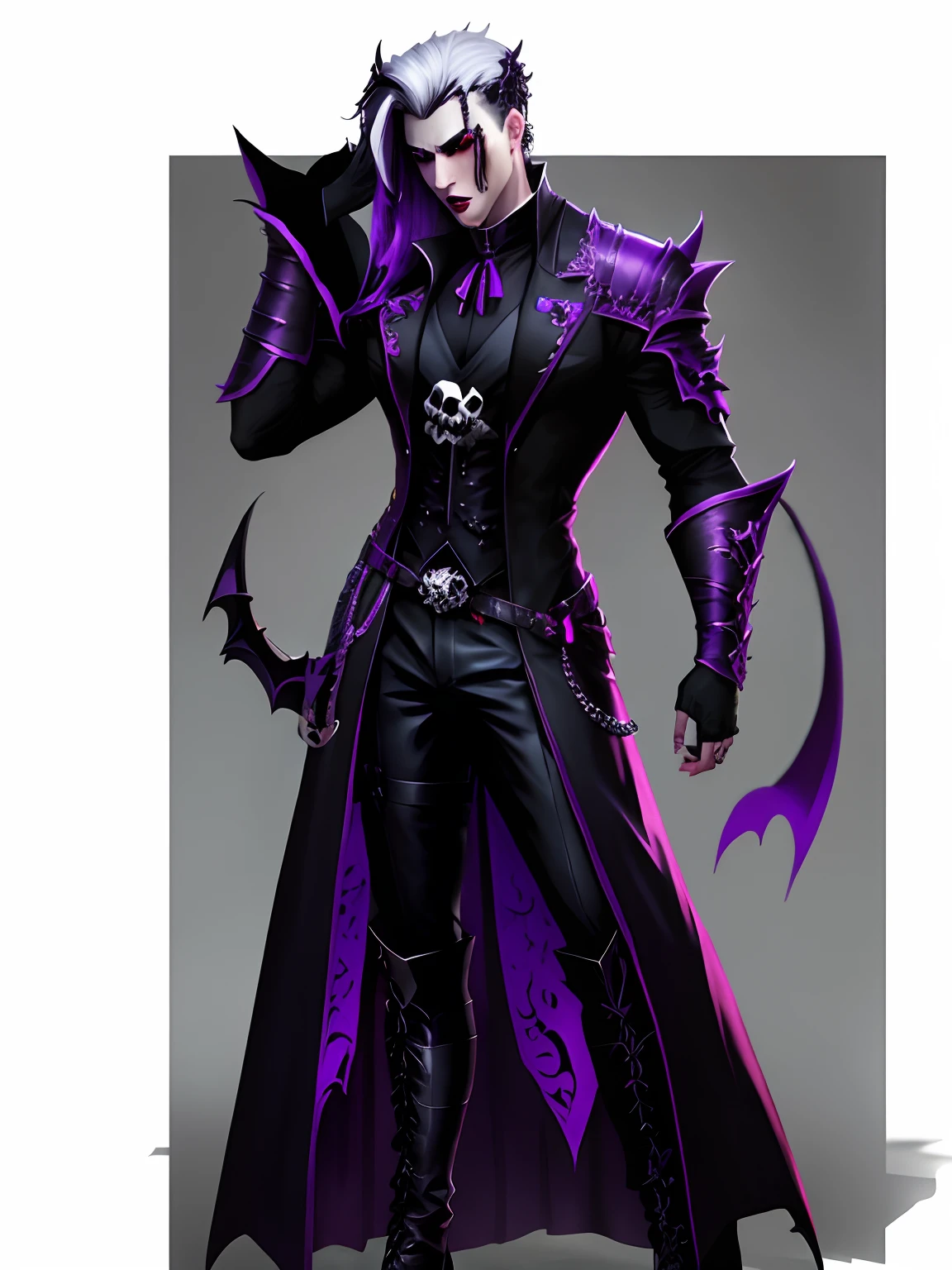 vampire with a skull on her shoulder, evil male sorcerer, vampire of clan lasombra, dark witch character, black and violet costume, male vampire, male necromancer, dark fantasy character design