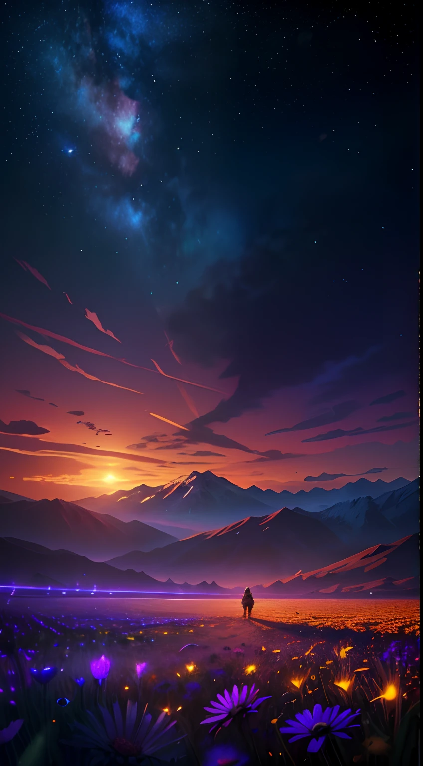 the night,extreme light,mountain ranges,Wide landscape photos, (look from down, The sky is above, The vacant lot is below), (A girl standing on a flower field looking up), (full moon: 1.2), (meteors: 0.9), (Starcloud: 1.3), Distant mountains , green trees,artisanal art, (Warm light: 1.2), (Firefly: 1.2), lamp lights, Lots of purple and orange, Intricate details, Volumetric lighting BREAK (Masterpiece: 1.2), (Best quality), 4K, Ultra detailed, (Dynamic composition: 1.4), Rich in detail and color, (Irridescent color: 1.2), (Glow, Atmospheric lighting), Dreamy, magical, (Solo: 1.2)