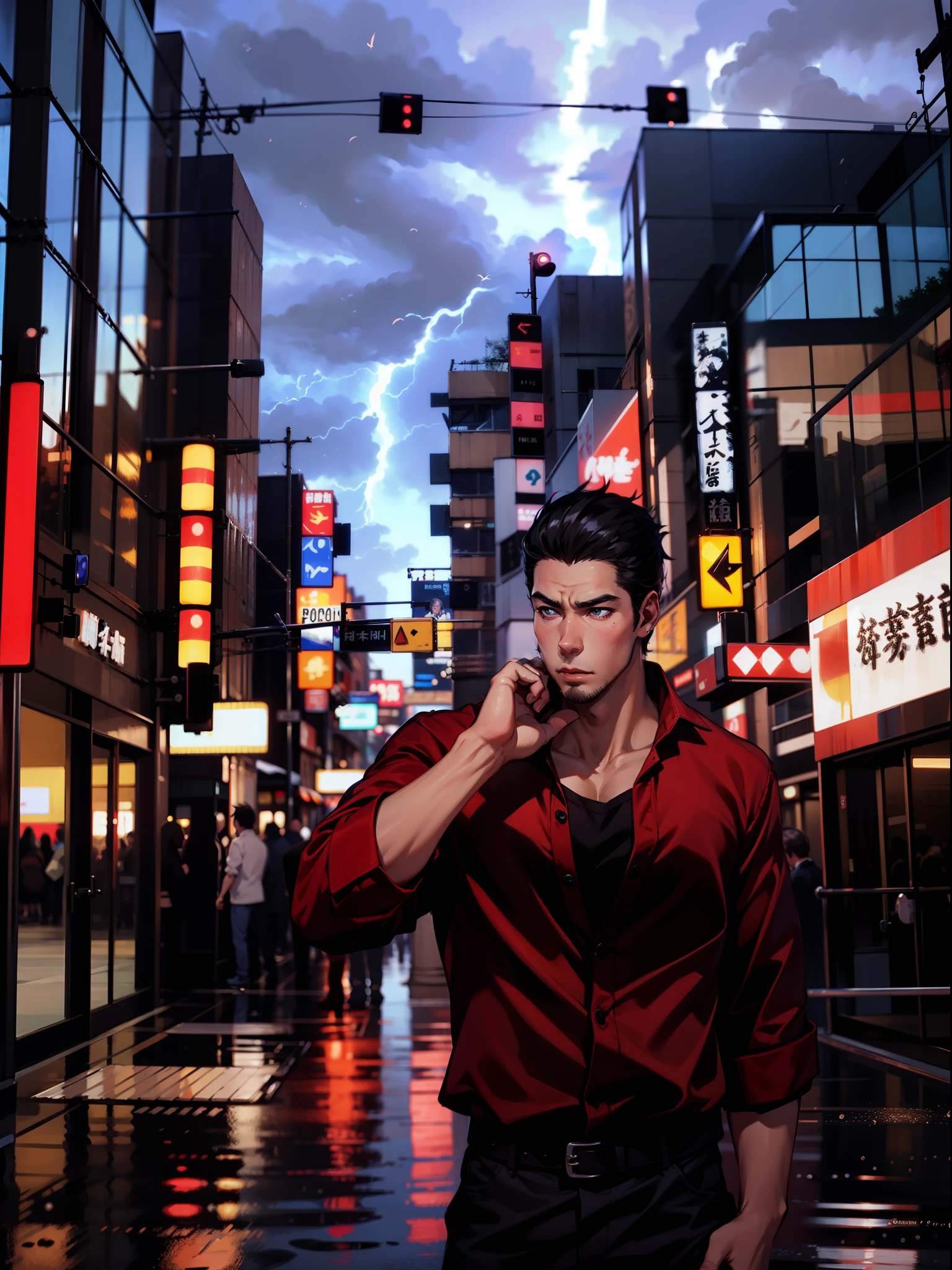 1boy, Kiryu Kazama、Spiky hairstyle、machine gun、Japan sword on the back、Whole body bloody、Upper body only shots、Overhead view of the composition、The beginning of the adventure、kamurocho, Lots of clouds,heavy fog、Moon,(lightning:1.5)、Chaotic city of the future、Movie dystopia、A group of very tall skyscrapers stands in the center、Very complex cityscape,Crowded Chinese skyscrapers、street signs、streetlights、taxis、buses、Train、Blue lighting,Dark road、puddles、Chaotic、Beautiful and fantastic scenery、Cinematic scenery、hightquality、masutepiece,in 8K、hight resolution、