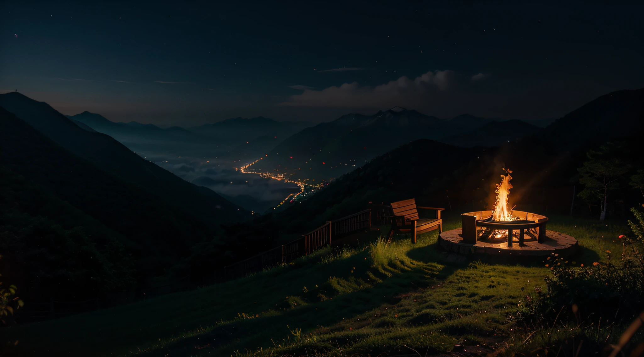A bonfire is lit in the lush mountains of Korea. Night view, thick fog,