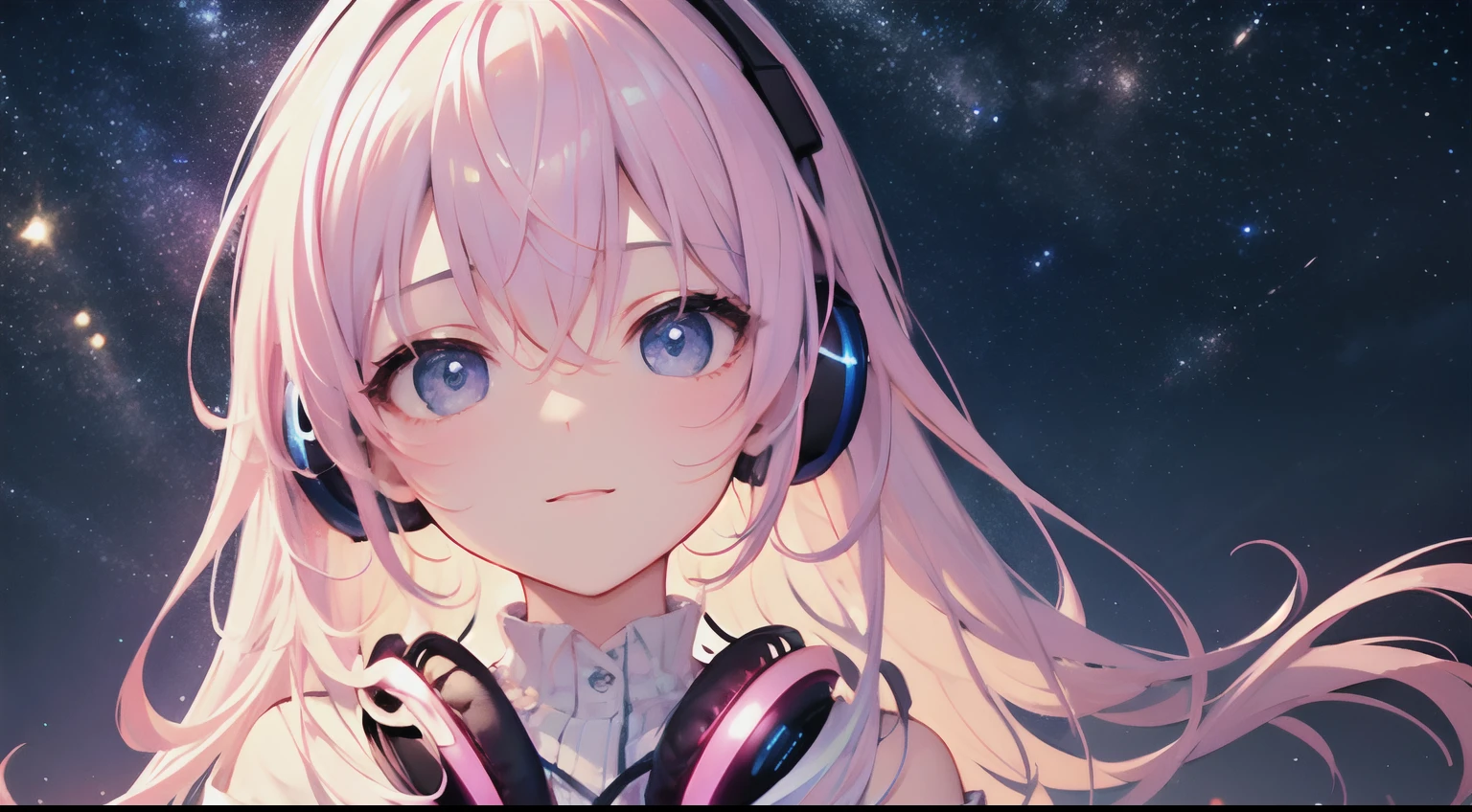 masterpiece、top-quality、Movie stills、1girl in、Starry sky scenery、pink shorth hair、headphones、kawaii、with light glowing、Happiness、Wide starry sky