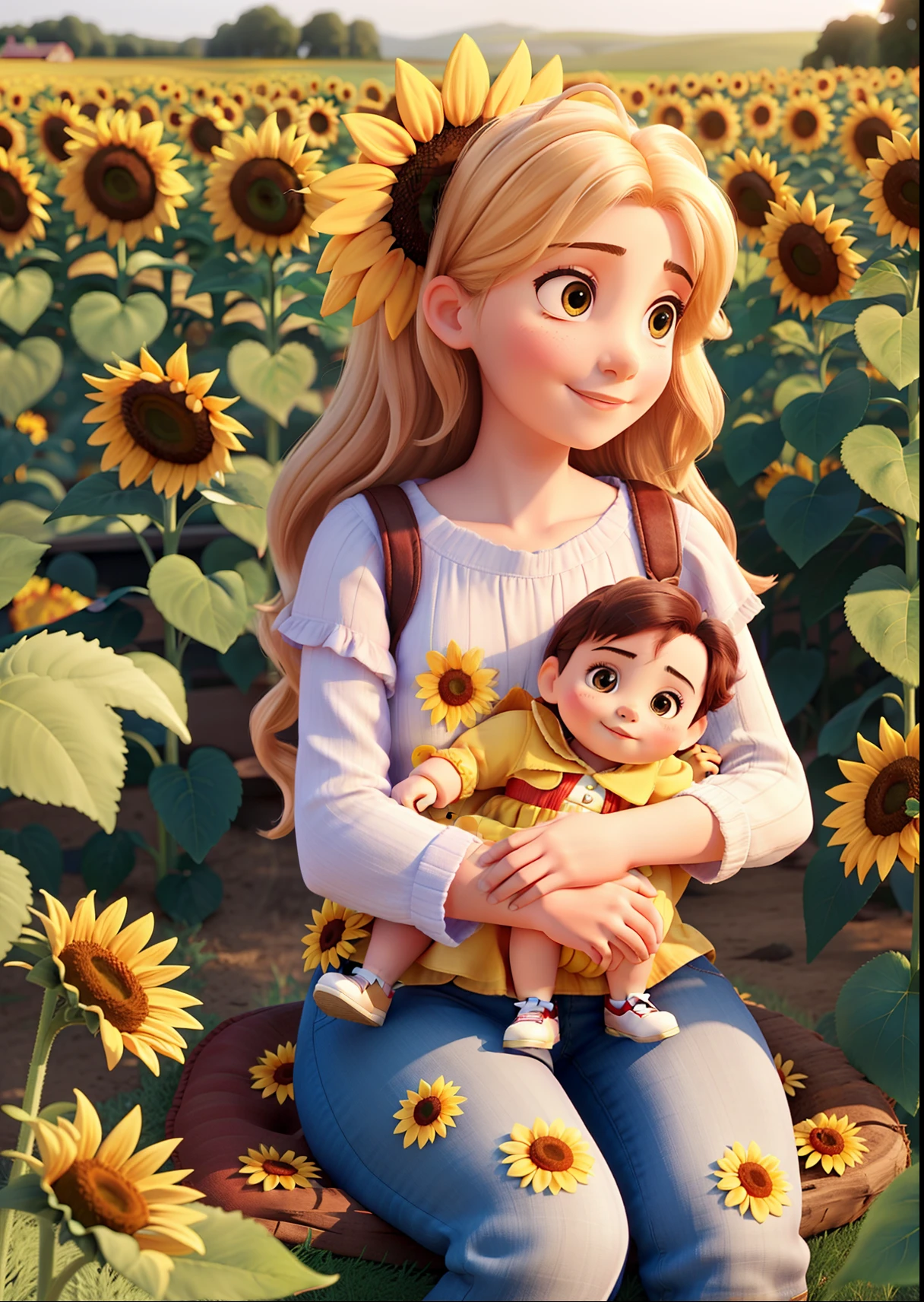 A woman in a sunflower bed with a 1-year-old baby on her lap