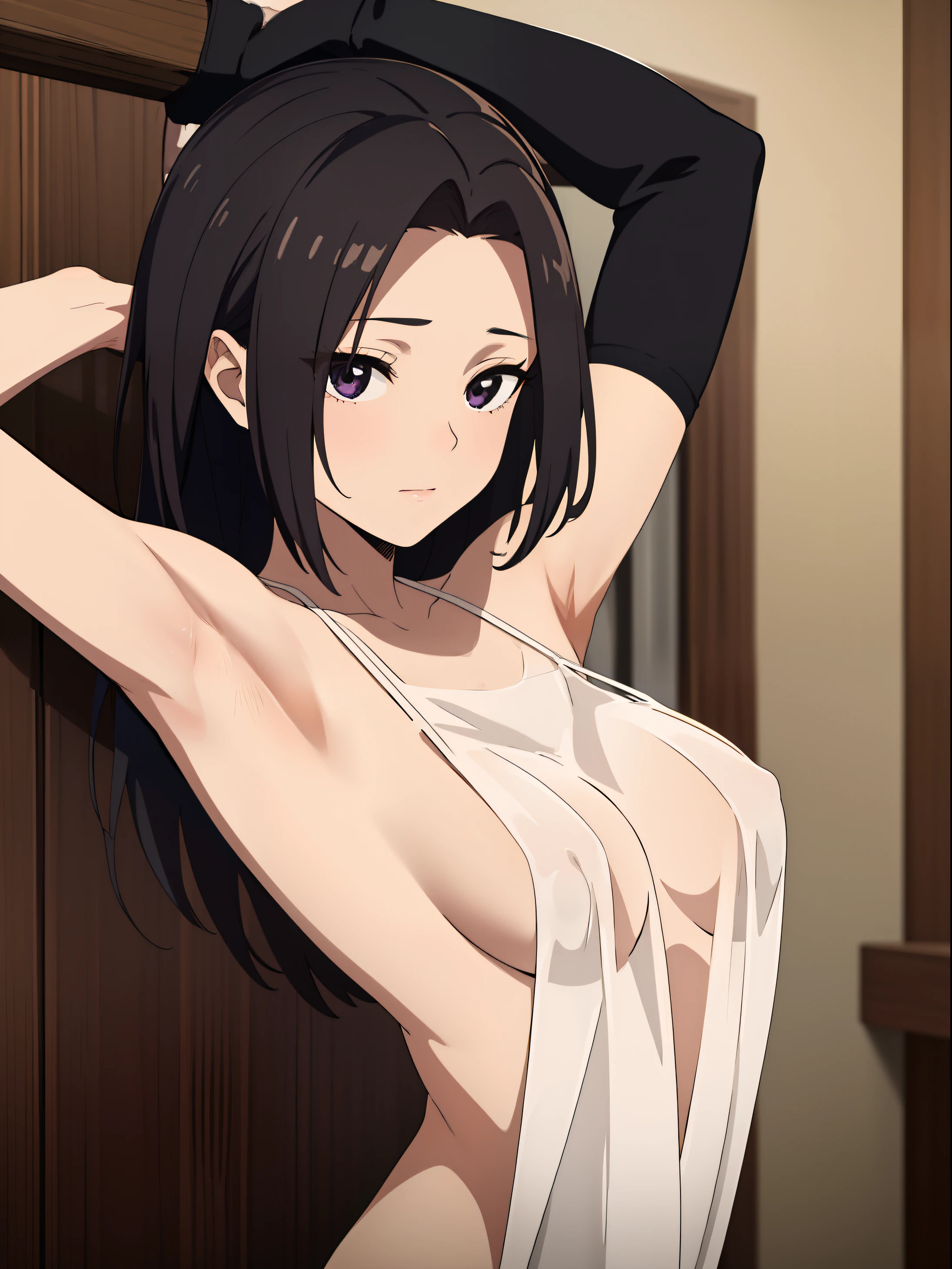 Highres, Masterpiece, Best quality at best,Best Quality,hight quality, hight detailed, Momo Yaoyorozu, masterpiece, slip dress, upper body, body only, (slim body), (short body), (showing armpit:1.3), sexy