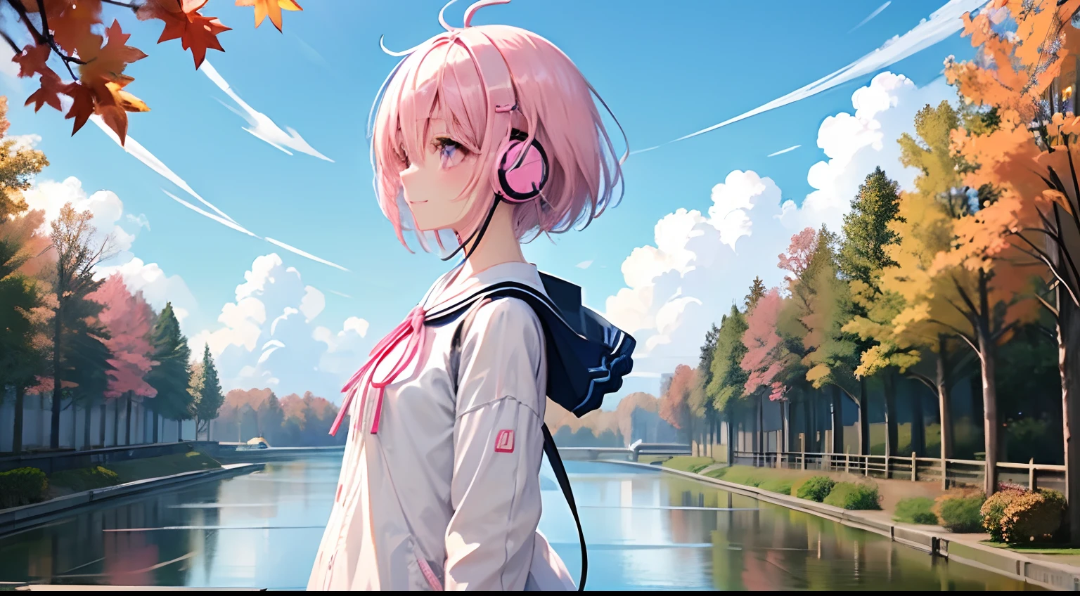 High quality, Very detailed, Clear Image, Profile anime girl, Have short pink hair, Short hair in the wind, Pink eyes, Smiling,Wear neat and clean clothes、 close to the body, Blue sky, With moving clouds、Wearing headphones、eyes large、eyes gentle、Shortcut Hair、Autumn leaves flutter