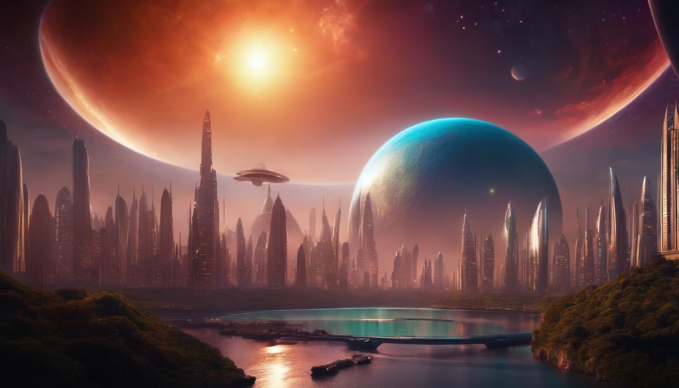 Futuristic city with aliens around. Giant planet in the sky