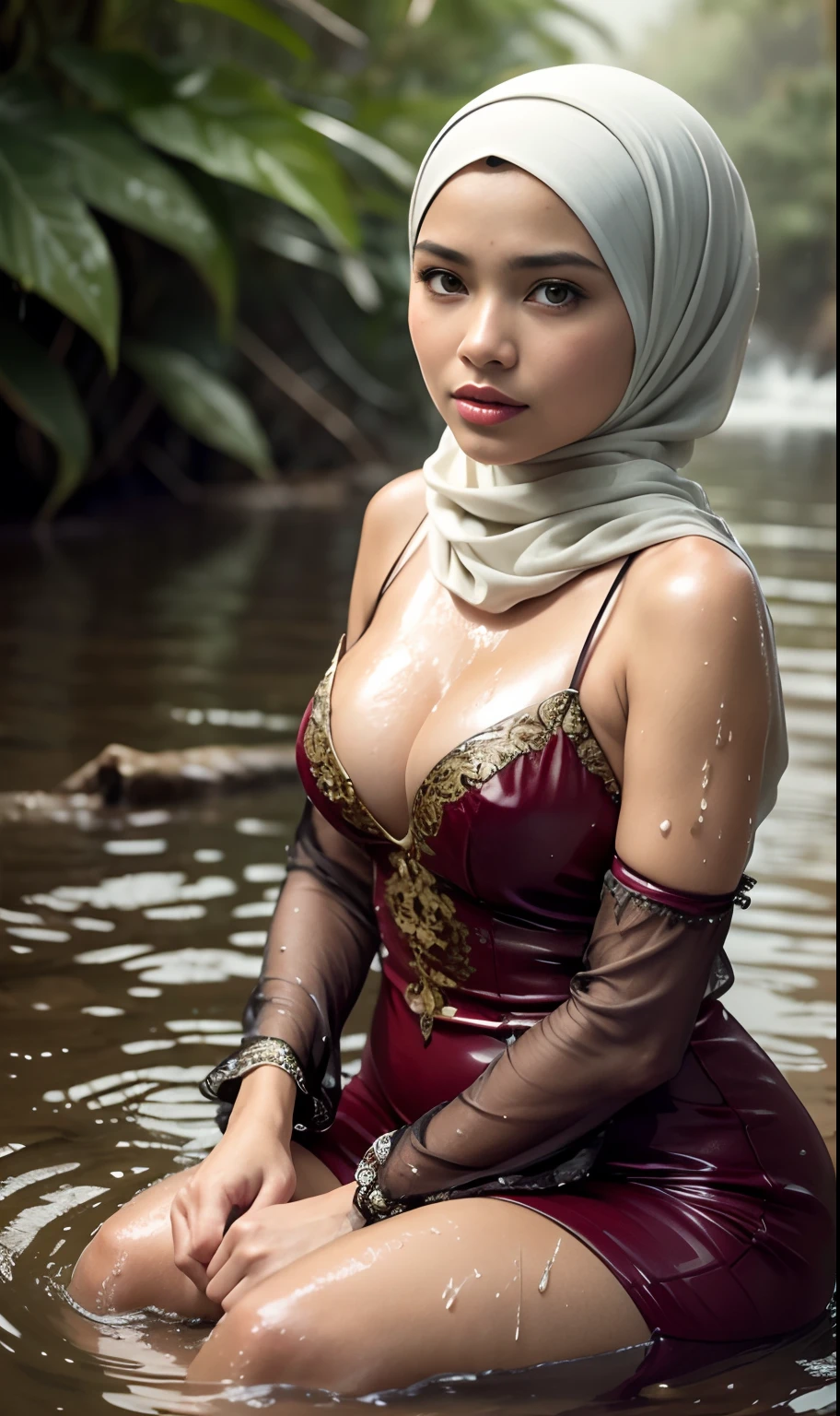 Malay woman in a dress sunflower and hijab is sitting in the water, long sleeves, closeup fantasy with water magic, beautiful maiden, wearing a dress made of water, cleavage, realistic oil painting, dripping wet, in water up to her shoulders, blonde, beautiful realistic painting, nymph in the water, hyperrealist portrait in a river, hyperrealistic fantasy art, splashing, realistic fantasy painting, cute shot, narrow depth of field, 8k, nsfw, drenched, ((soaked)), dripping water, dripping water, heavy clothes, soaked in water, wet all over, rouge lipstick, wet dripping hijab,