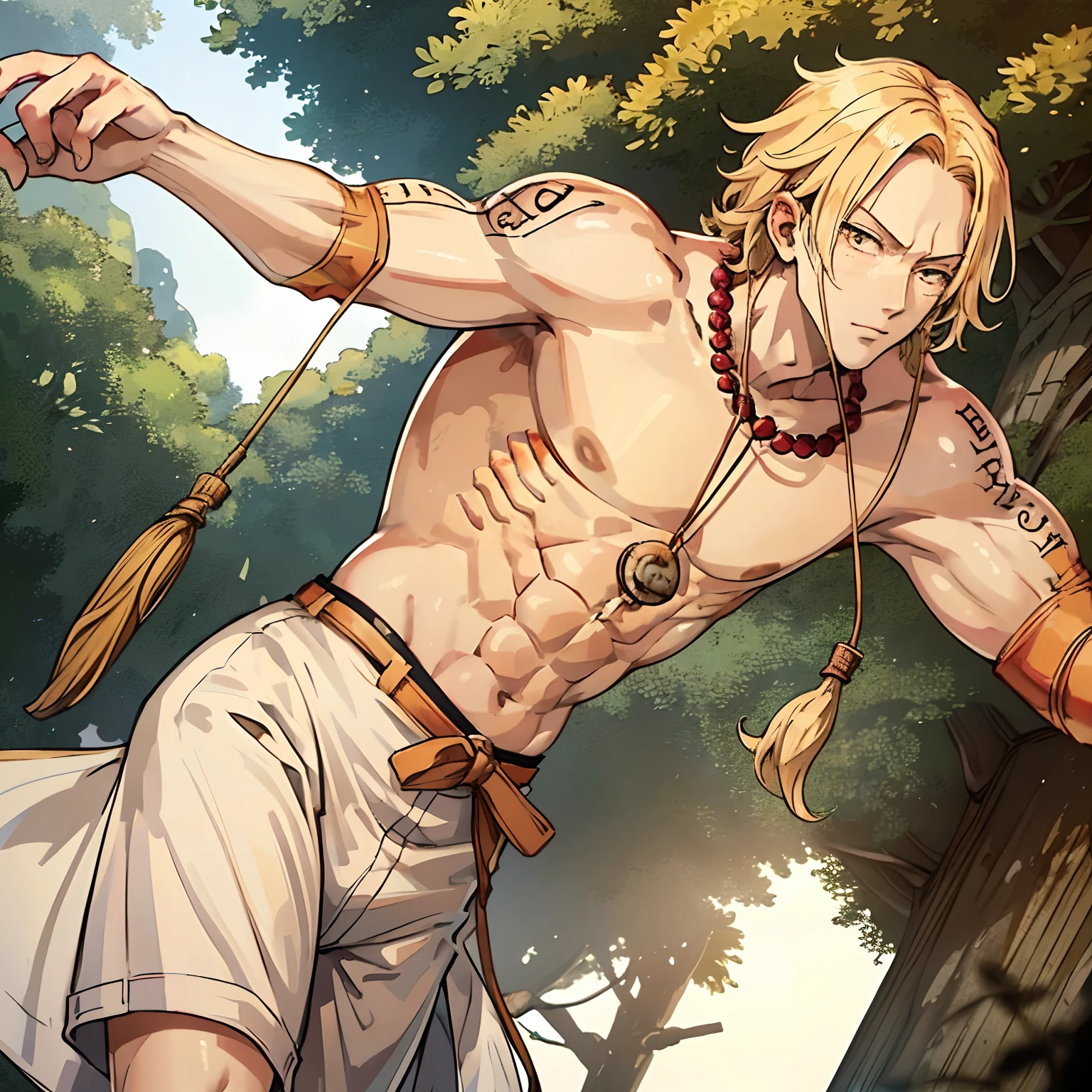 Tall strong man, tight muscles, muscular male, covered in scars, messy blonde hair, very pale white skin, radiating a beautiful golden glow, Fushigoro Toji, Toji Fushigoro, standing in a forest, shirtless, wearing a bead necklace, Ace, Portgas Ace, Portgas D. Ace, lean athletic build, strong, blonde hair, golden blonde hair, beautiful man, lean, Suguru Geto, Japanese attire, Japanese clothing, slim physique, muscular lean, athletic, blonde hair