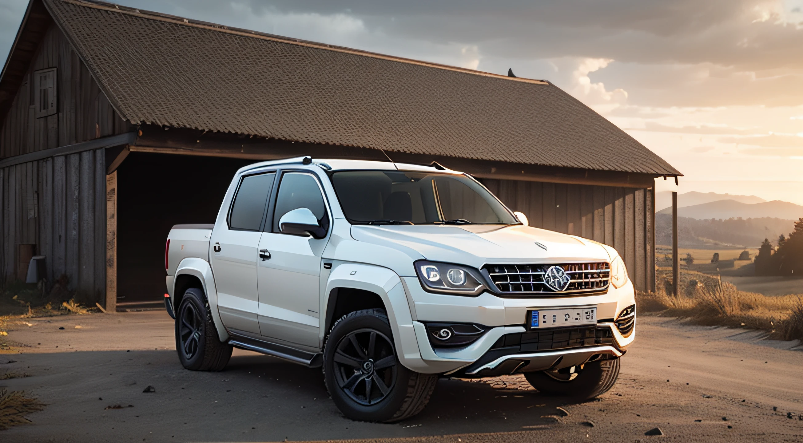 A 2015 white amarok found in an old barn in the middle of a hilly forest at sunrise in cloudy weather 4k 3d render v6 engine rendered with blender and octane global illumination