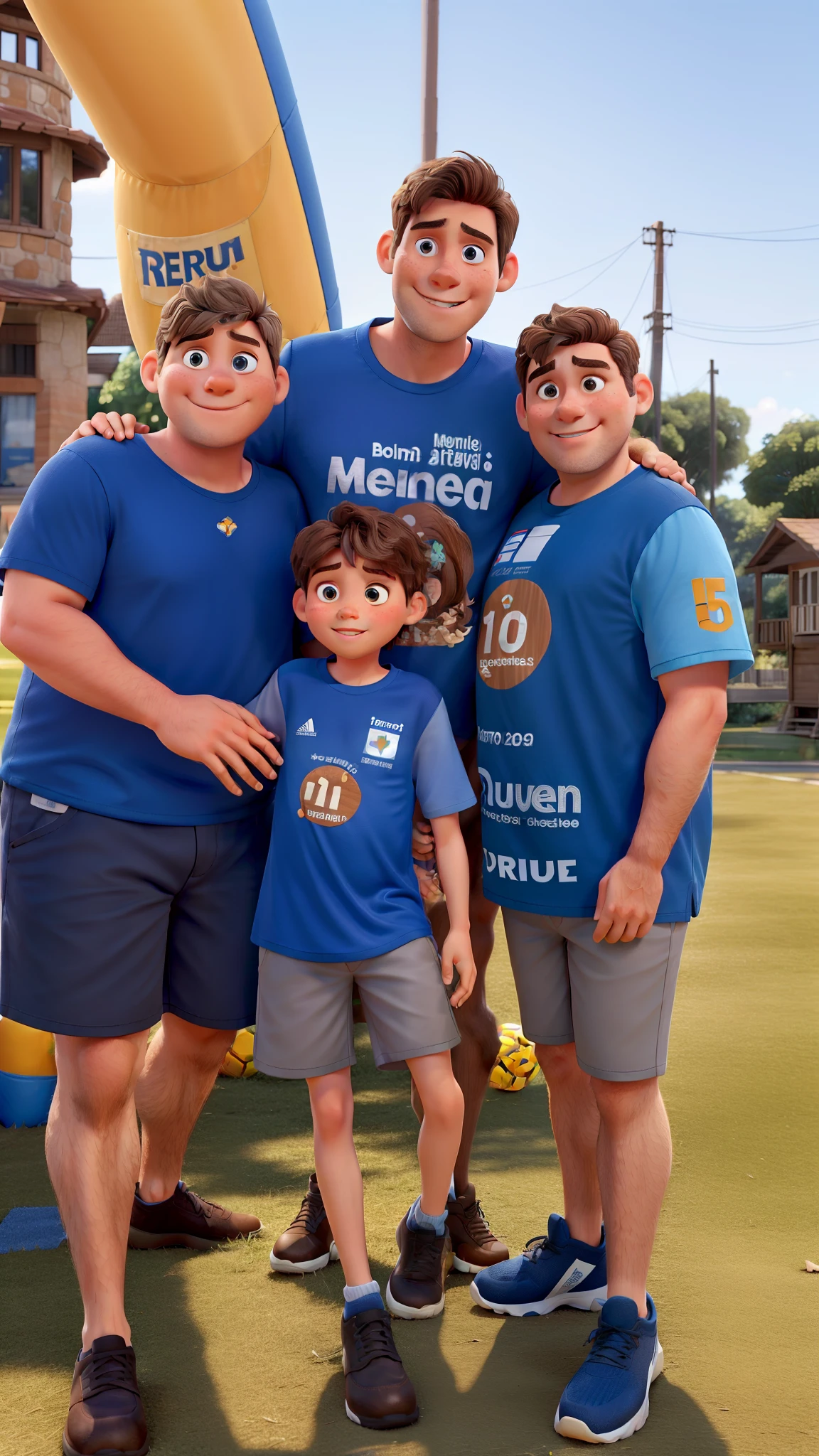 A brown-haired girl, com um vestido azul, A tall thin gray-haired young man in a blue t-shirt, um menino pequeno vestido de roupa de futebol e um menino alto gordo com vestimentas de triatlo, pixar