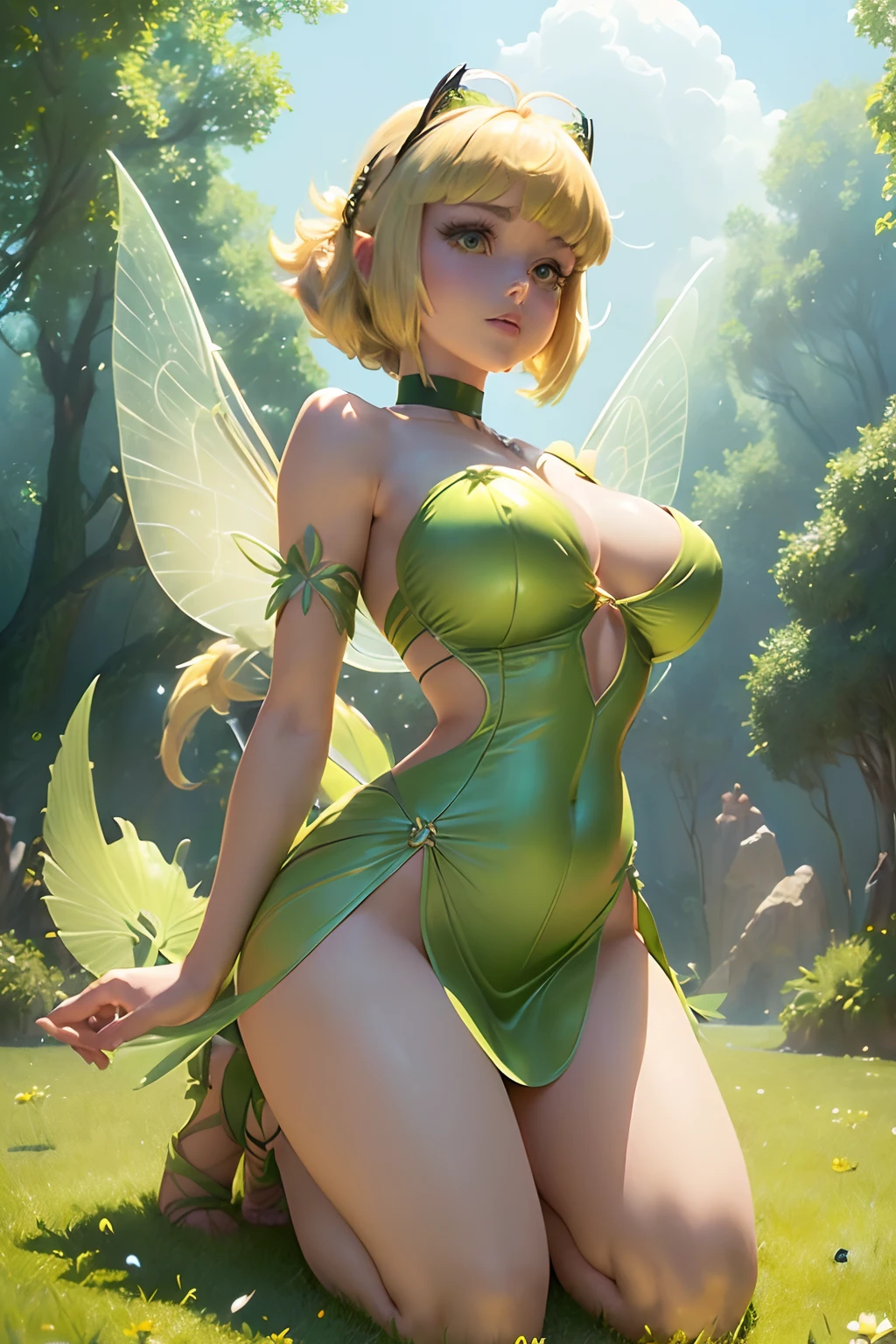 ((Kneel down on giant flower))((Tinkerbell, from disney peter pan animated movie series)) ((beautiful face)) ((blonde oony tail hairstyle with bangs)) ((very huge breasts: 1.3)) (perfect slim body) ((wears strappless short green dress)) ((choker, fairy wings)) ((posing sexy)) (high definition, dynamic lights and shadows) ((masterpiece)) (8k) (perfect face) (best quality) (perfect hands) ((fairy dust particles, shinning a floating around))