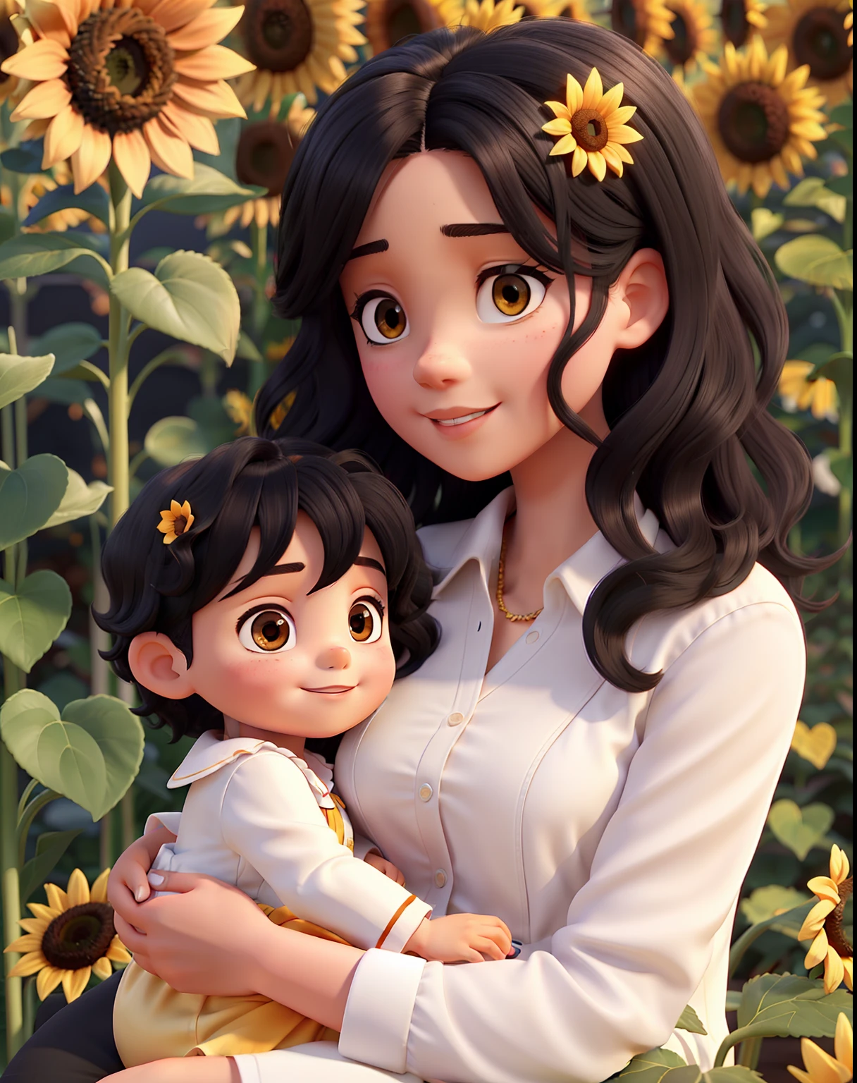 A black-haired woman in a white blouse in a sunflower bed with a 1-year-old child on her lap with wavy hair in white dress