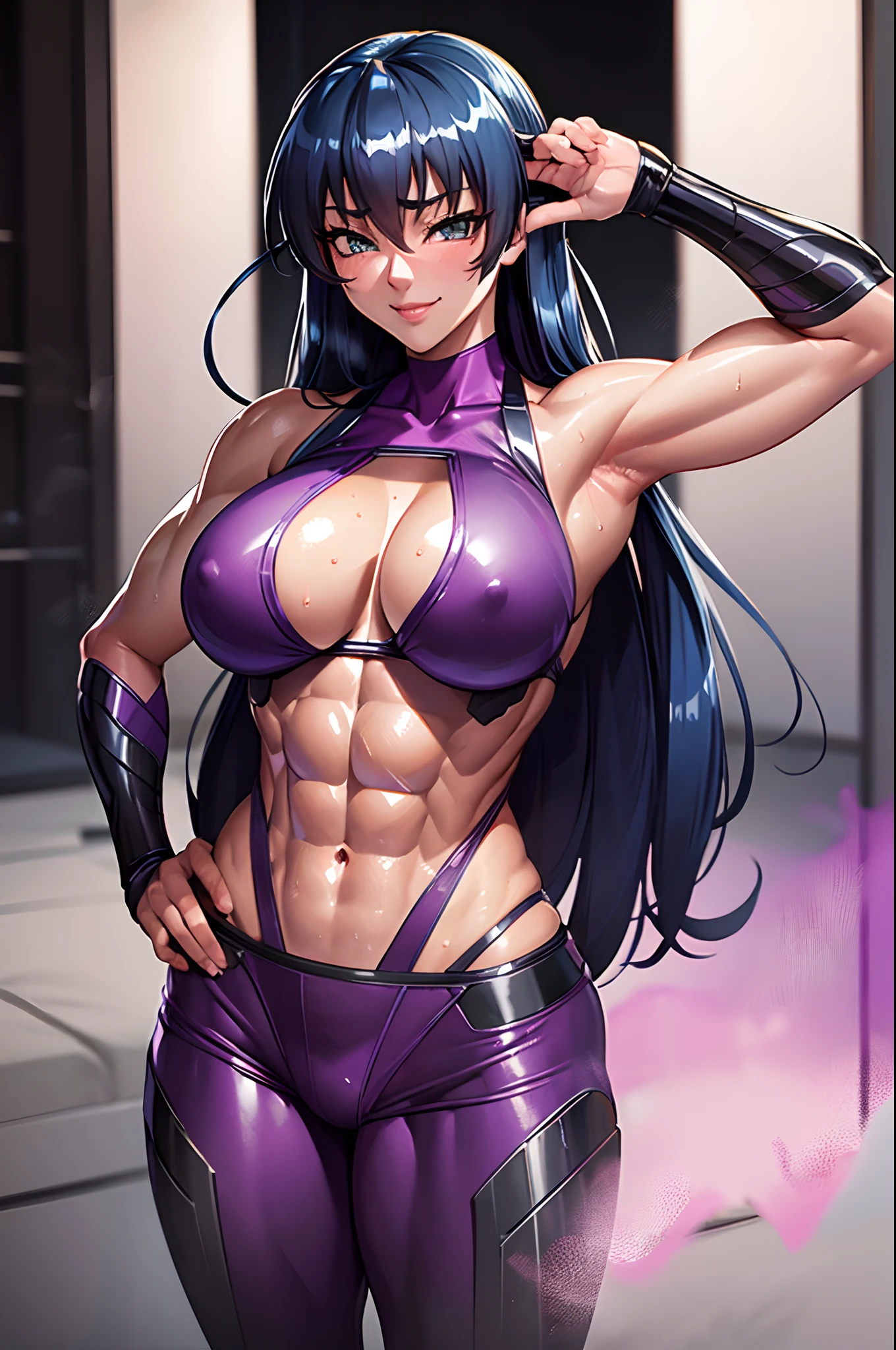 masterpiece, best quality, asagi, 1girl, breasts, solo, sweat, purple bodysuit, large breasts, cleavage, smile, (abs:1.6), toned, looking at viewer, hand on hip, blush, huge breasts, blue hair, long hair, bangs, hair between eyes, green eyes, night, (muscular:1.3)