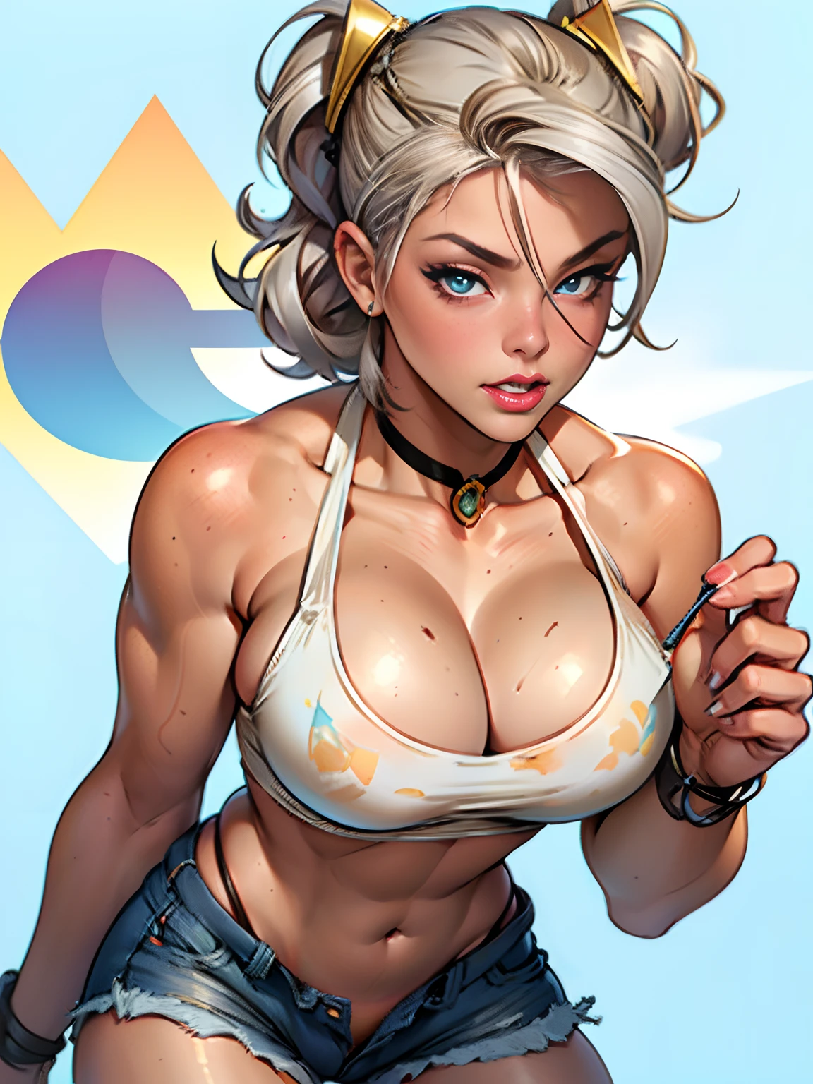 (high quality, best rendering), (beautiful girl), blue eyes, gray hair(bombshell, pin-up style), psychopath, crazy face, sexy pose, jean short shorts, tank top, pastel, centered, scale to fit dimensions, micro thong, micro bikini, camel toe