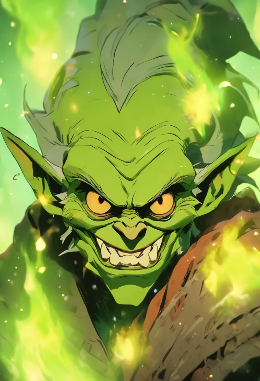 photo of whole standing figure of green exotic friendly adult grown goblin (medieval clothes) (smooth skin) (d&d ,fantasy) (green skin goblin monster) (dressed in warm clothes) short stature (adult) a ball of fire in one hand (winter clothes) (the goblin is dressed to keep him warm) (male goblin character) winter medieval cloak, nice facial expression, friendly, glowing red eyes, detailed eyes, detailed pupil, film grain, Fujifilm XT3, photography, detailed warm clothes, , height 120cm, a face that inspires confidence, magic, green, the goblin is a warmly dressed man with green skin, goblin is adult, grown goblin, goblin monster, male goblin, a look that commands respect, the figure is standing, adult face, ball of fire above hand, mystical, shaman, small ears, an adult, experienced and serious face, background is frozen tundra, a green face resembling a human and goblin
