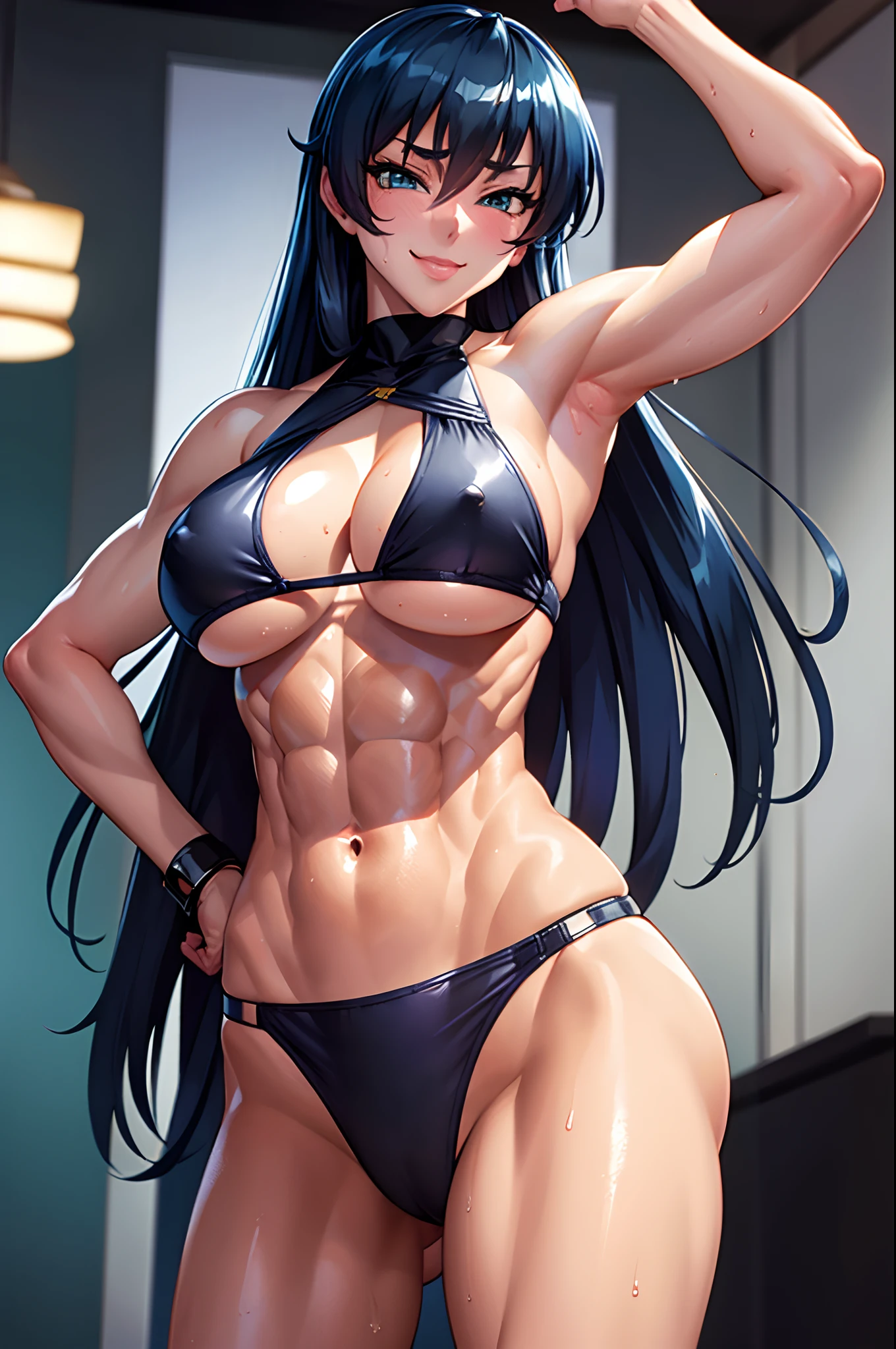 masterpiece, best quality, asagi, 1girl, breasts, solo, sweat, micro bikini, large breasts, cleavage, smile, (abs:1.6), toned, looking at viewer, hand on hip, blush, huge breasts, blue hair, long hair, bangs, hair between eyes, green eyes, night, (muscular:1.3)