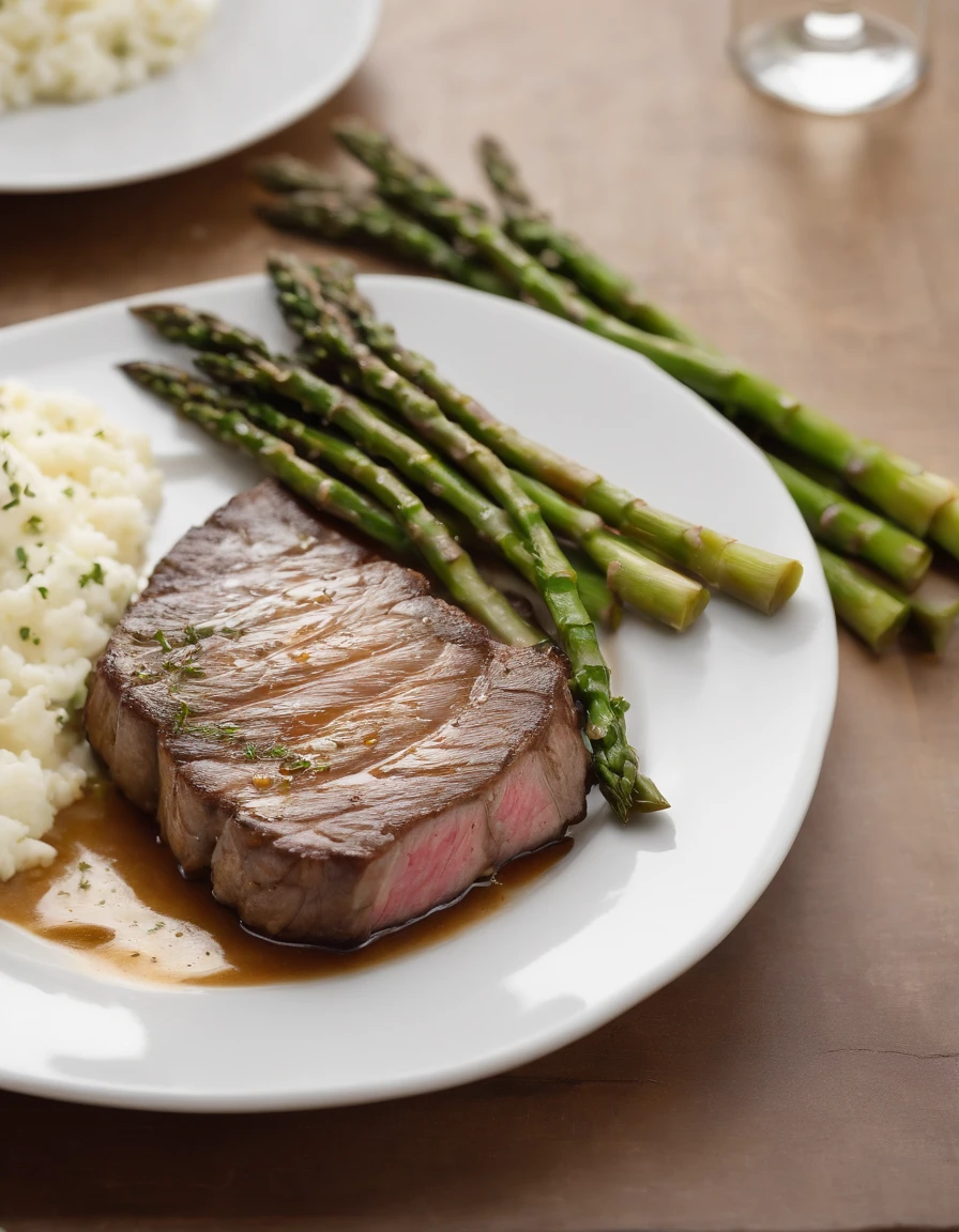A crisp plate with pieces of grilled steaks and asparagus sauce cooked in butter, decorado com cebolinha, em uma mesa bonita e decorada, fundo natural, Summer day, clima quente, alto detalhe, alto brilho, detalhes excessivos, surrealismo, luz suave, studio illumination, luz suave difusa, profundidade de campo rasa, foco nítido, efeito bokeke, rastreamento de luz, espalhamento subsuperficial, luz suave complexa, luz suave difusa, Highly detailed glass reflection, ultrafino (ultrafino), ultrafino) (fino, ultradetalhado), cinemactic, surrealismo, hardware, melhor qualidade, ultra-high-resolution (fotorrealista: 1.4), alta resolução, detalhe, fotografia bruta, clear reproduction, 4 cameras kodak portra 400 stock, lente f1.6, textura realista, spectacular lighting, cinemas up to 800