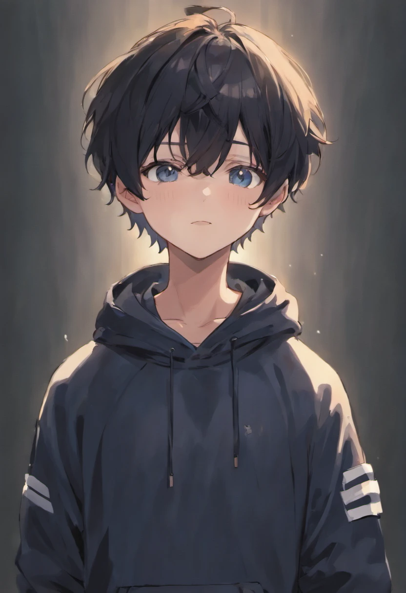 Upper body only shots, Black short hair,Focus on his upper body. He wears a white sweatshirt with blue stripes, White cap, Black shorts, He closes his eyes and smiles gently