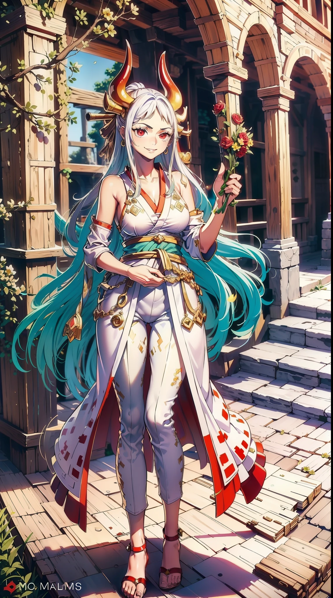 (masterpiece:1.2, best quality), (finely detailed beautiful eyes: 1.2), ((1girl)), ((solo)), (red eyes:1.4), (finely detailed eyes and detailed face:1.3), (beautiful and village background:1.2), (extremely detailed CG, ultra-detailed, best shadow:1.1), ((depth of field)), ((watercolor)), kimono, large breasts, bare shoulders, flowers and petals, beautiful concept illustration, (white background:0.5), (illustration:1.1), (extremely fine and beautiful:1.1), (perfect details:1.1), yamato, full body,t,, full body, religious, catholic, priestess, full body, flipflops, pants,smile