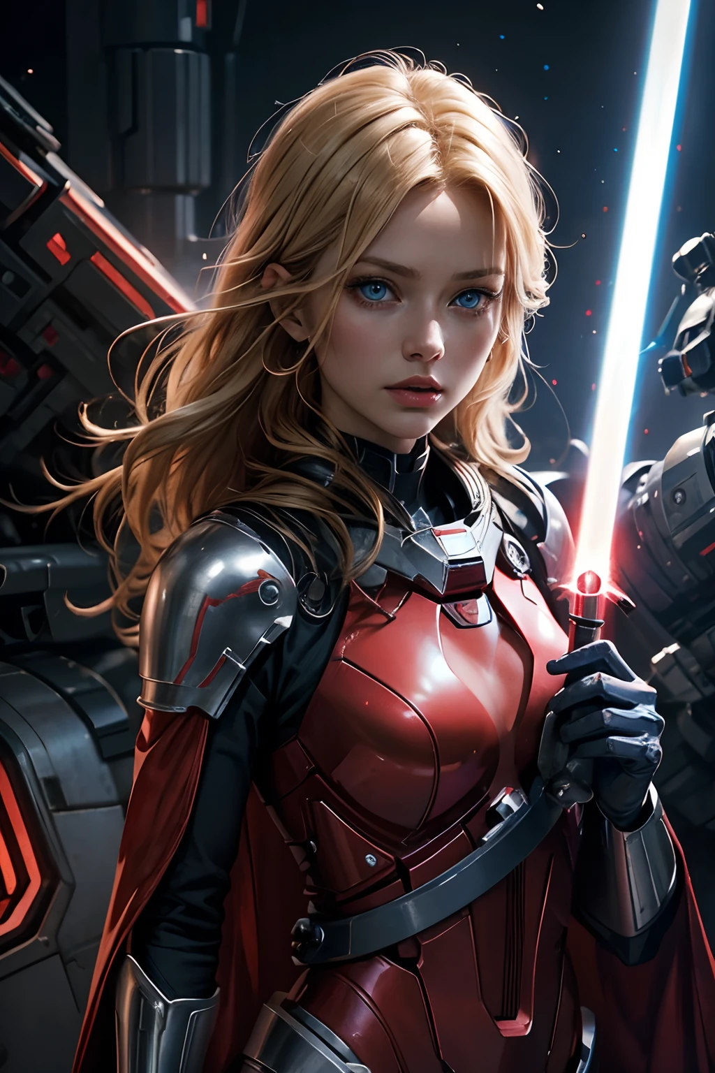 A beautiful woman. Blonde hair and blue eyes. She wears a red metallic battle suit and holds a lightsaber in both hands. She's inside a spaceship. Close-up image of a woman's upper body.