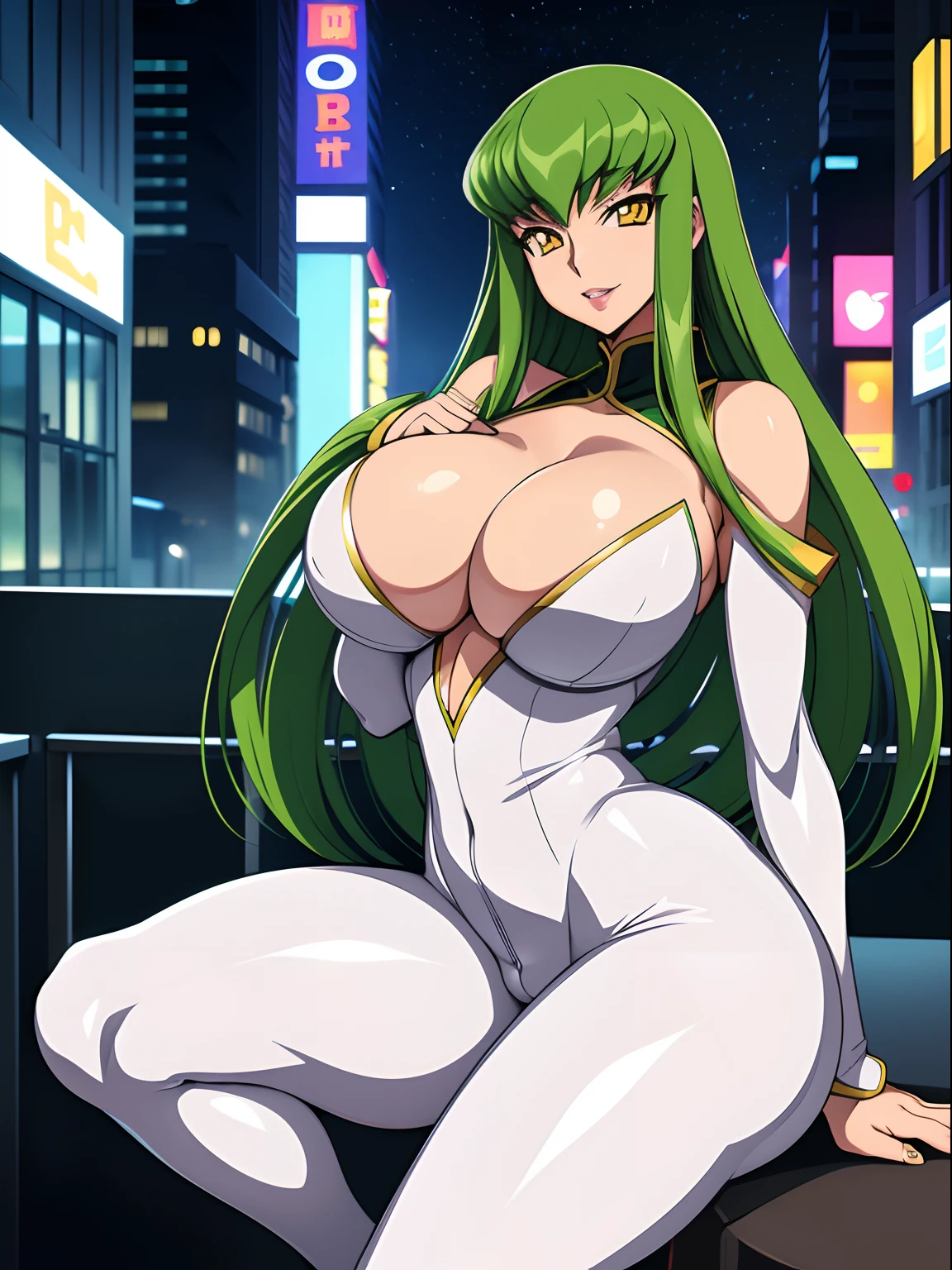 Code Geass, C.C, 1girl, (((bimbo))), long green hair, yellow eyes, puffy lips, painted lips, thick lips, wide hips, thick thighs, big breast, huge ass, revealing cleavage, erotic, Smile face, bubble butt, camel toe, Breasts, white suit, legs posing, city, night time, cyberpunk,