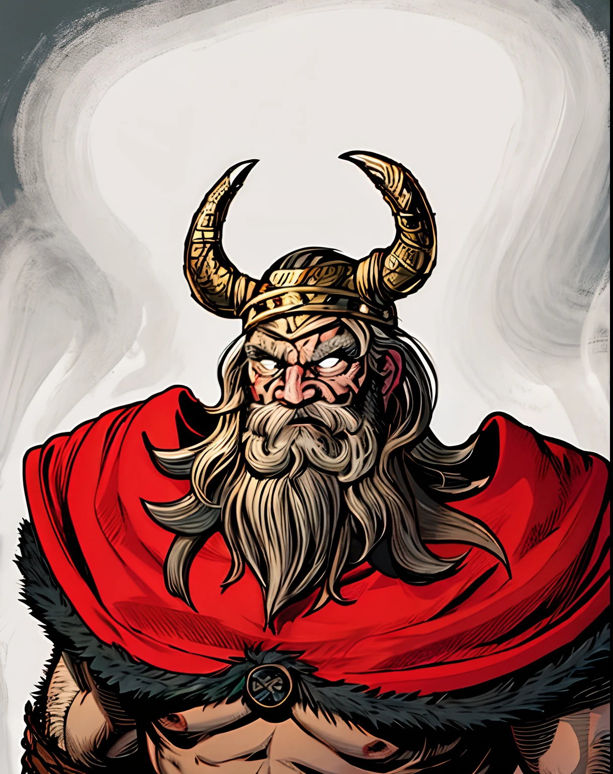 A closeup of a Viking with horned head and beard, viking warrior illustration, Viking Bom, rosto viking no perfil, Retrato pintado de Odin acidentado, em um capacete com chifres, Norse God, deus com chifres, Guerreiro viking antigo, Barba Viking, Viking, Retrato de um viking, Viking Berserker, Fit male demon with white horns, Mascot illustration, Norse