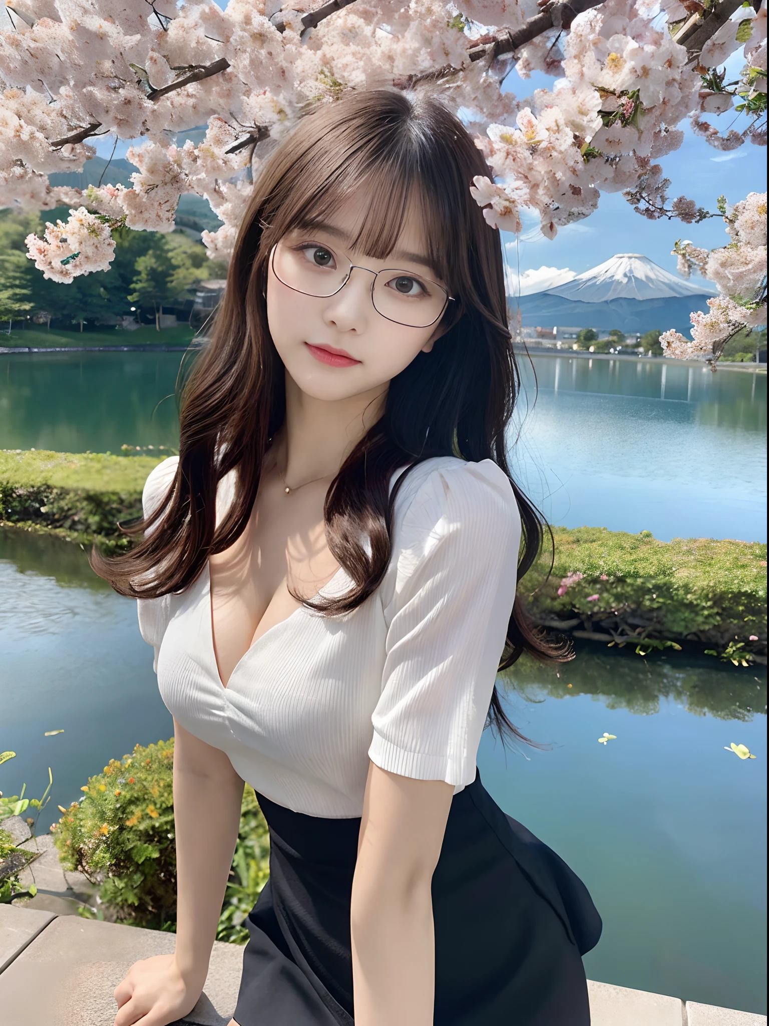 sfw,(masterpiece,high quality:1.3),detailed background,Mt.Fuji in the distance,Lake with beautiful scenery and reflections,nearby cherry blossoms,1mature woman,,detailed face,beautiful face,pretty face,kawaii,brown eyes,double eyelids,(eye bags:1.3),black curly long hair,bangs,(black thick rim glasses),(white) short sleeve blouse,(cleavage cutout:1.1),huge breasts,thin waist,black tight mini skirt,medium thigh,bust to head,professional lighting,