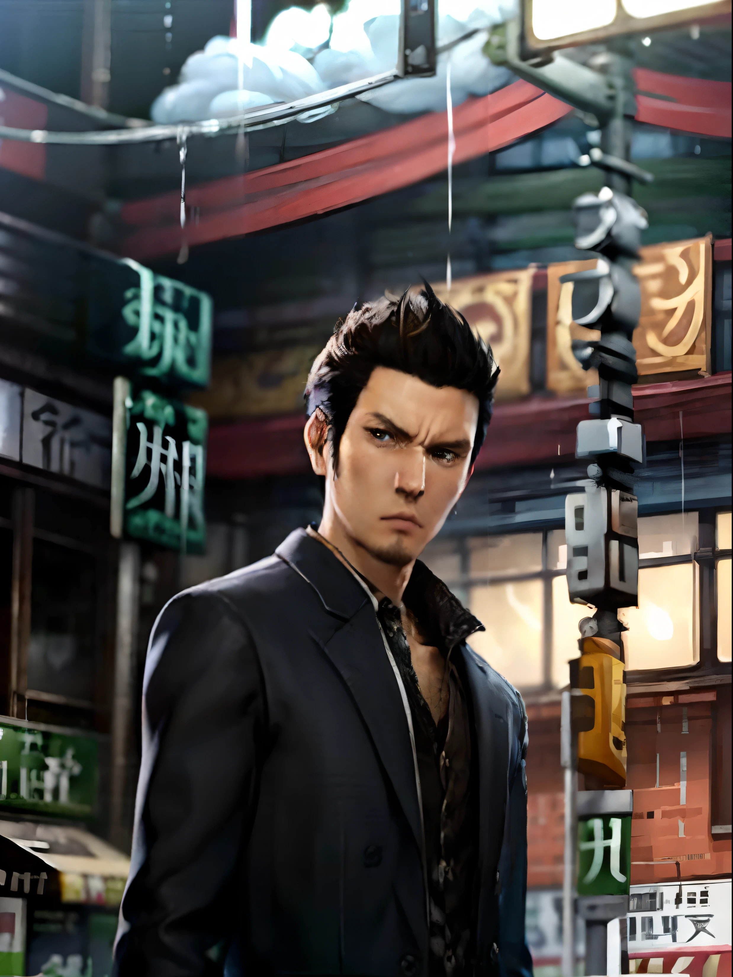 1boy, Kiryu Kazama、Spiky hairstyle、machine gun、Japan sword on the back、Whole body bloody、Upper body only shots、Overhead view of the composition、The beginning of the adventure、kamurocho, Lots of clouds,heavy fog、Moon,(lightning:1.5)、Chaotic city of the future、Movie dystopia、A group of very tall skyscrapers stands in the center、Very complex cityscape,Crowded Chinese skyscrapers、street signs、streetlights、taxis、buses、Train、Blue lighting,Dark road、puddles、Chaotic、Beautiful and fantastic scenery、Cinematic scenery、hightquality、masutepiece,in 8K、hight resolution、