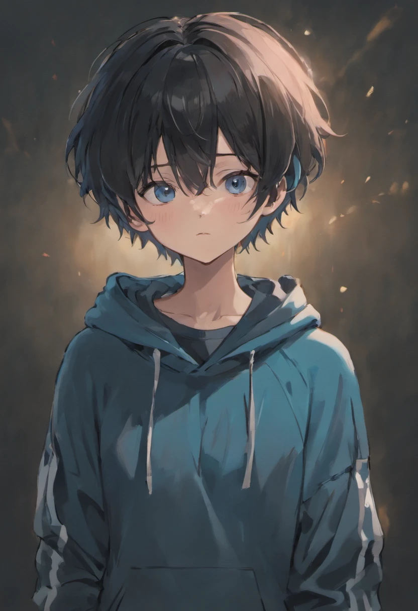 Upper body only shots, Black short hair,Focus on his upper body. He wears a white sweatshirt with blue stripes, White cap, Black shorts, random facial expression
