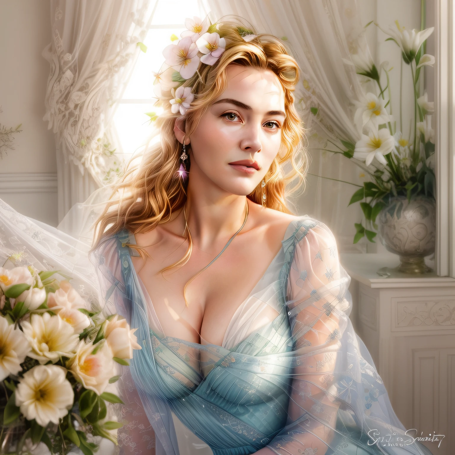 realistisches Farbfoto einer Frau (Kate Winslet) mit einer Blume im Haar, beautiful portrait, Portrait of a beautiful goddess, Beautiful Maiden, ethereal beauty, very beautiful digital art, tiefer Ausschnitt, Kate Winslet, Gorgeous, sexy smile