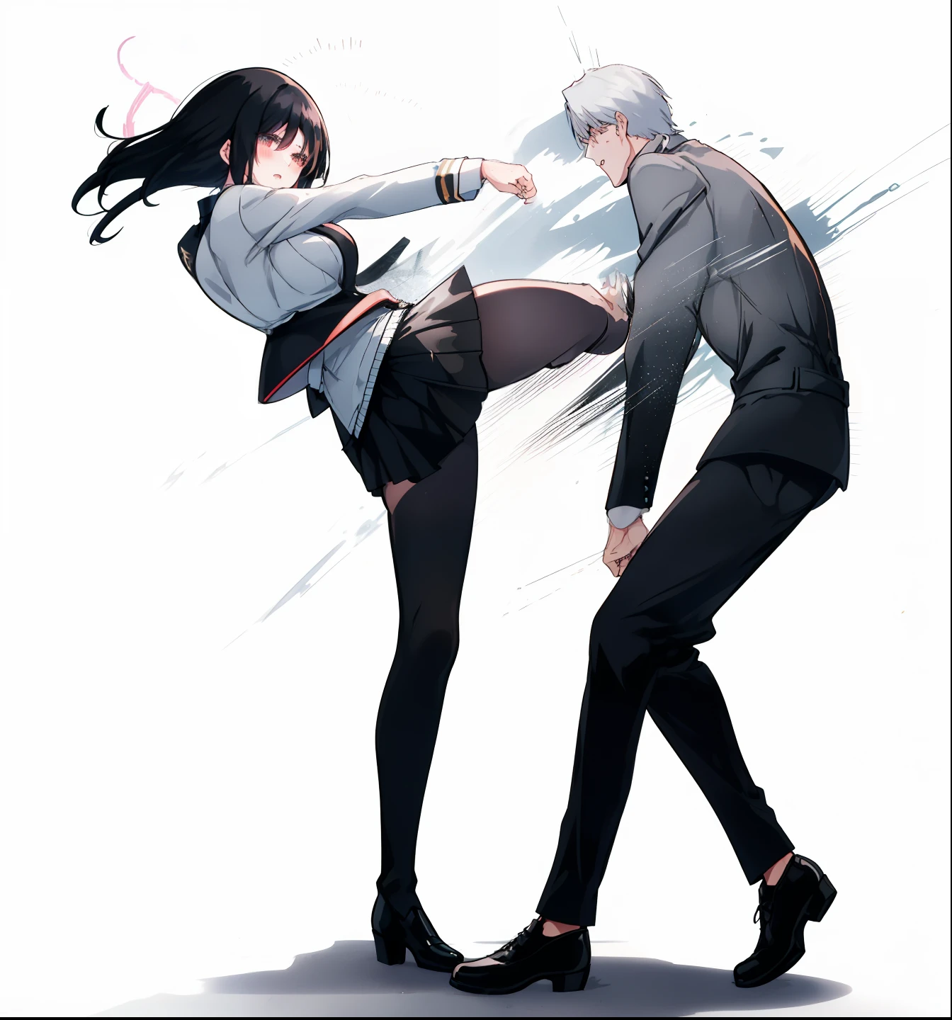 Long Black Hair Girl Black Shirt Black Miniskirt Position Hitting A Left Kick To A Guy In Fancy Suit