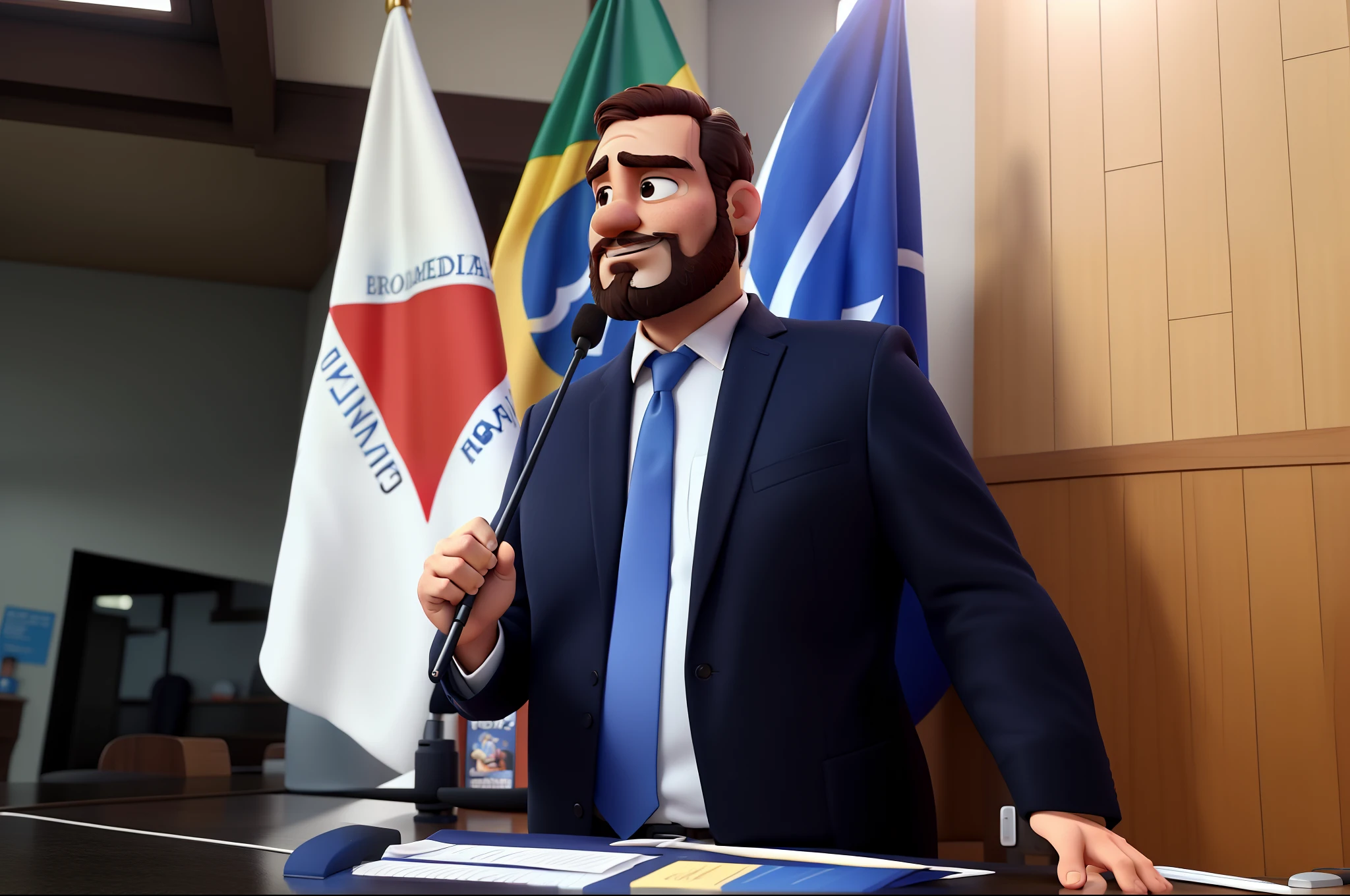 Um homem de rosto redondo com barba, On a political platform, estilo disney pixar, alta qualidade, melhor qualidade