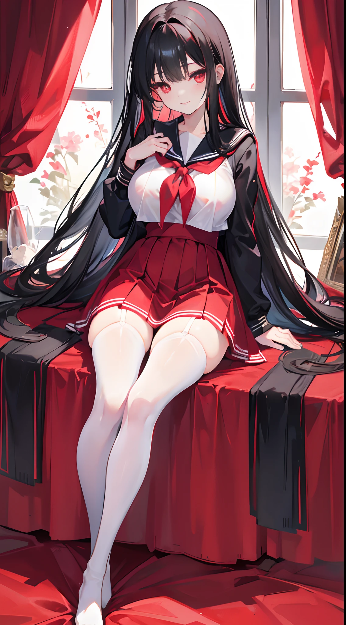 Long black hair that reaches the waist,red color eyes,high light,Hair curtain,Two hair curtains on both sides,dishiveredhair,chiquita,Sailor uniform school uniform,huge tit,White skin of the,light smile,black lence stockings,Whole body diagram,Eye highlights,In school,