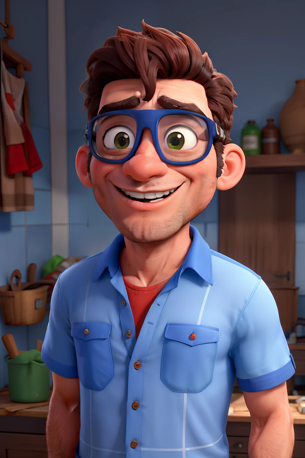 Homem de 40 anos grisalho, wearing goggles, camisa azul e gravata vermelha, sorrindo.