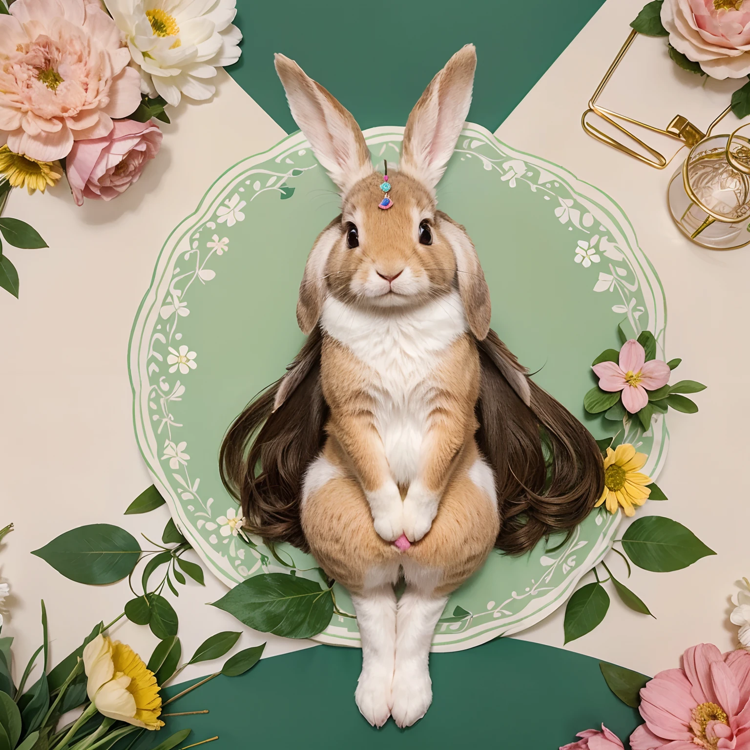 Illustration of a cute rabbit with a magic wand and a charming smile, cercado por flores e borboletas.