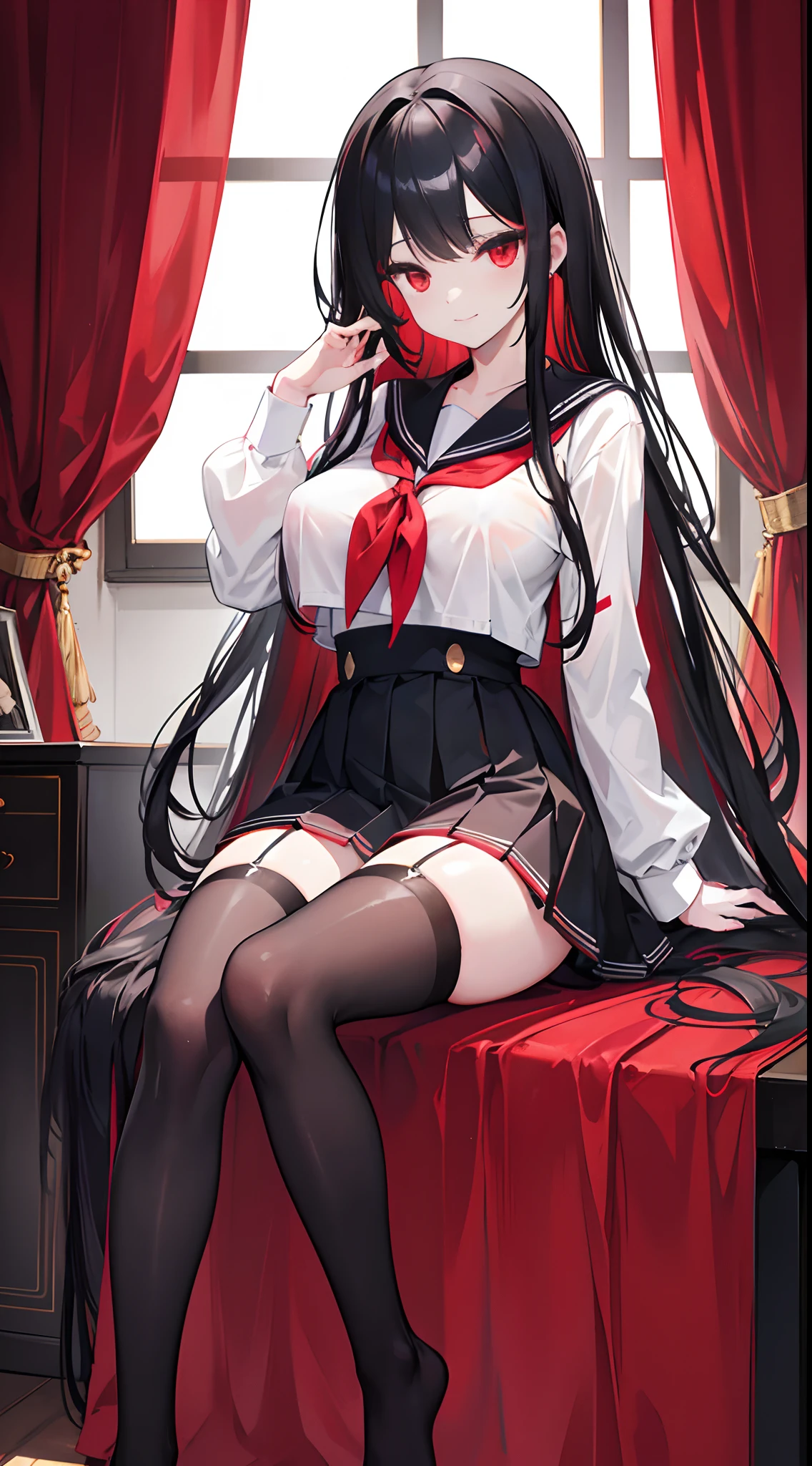 8k, highres, ultra detailed, (masterpiece:1.4) , 1girl , animal collar , animal ears , bandaid on face , barefoot , bent v , beret , black gloves , black headwear , black serafuku , black socks , blunt bangs , blurry background , cat ears , collar , collarbone , feet , feet rest , foot focus , foreshortening , hair over eyes , hetero , indoors , kemonomimi mode , legs , long sleeves , looking at viewer , no shoes , pleated skirt , pov , pov crotch , red eyes , red halo , red necktie , school uniform , shoes , single barefoot , skirt ,soles , sweat , sweatdrop , toenails , toes , unworn shoes , v,ichika (blue archive)