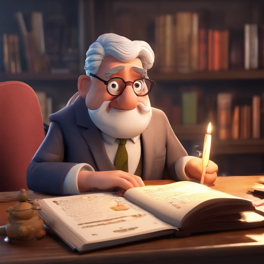 Crie um cartaz inspirado na Disney Pixar com o personagem sendo o pastor Rubens Janier, A gray-haired man wearing glasses, in an office with a Bible on the table