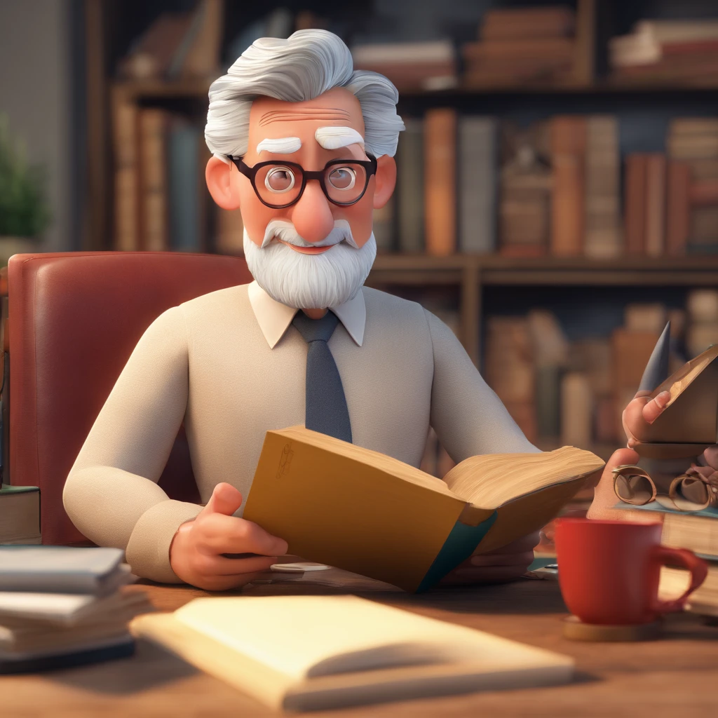 Crie um cartaz inspirado na Disney Pixar com o personagem sendo o pastor Rubens Janier, A gray-haired man wearing glasses, in an office with a Bible on the table