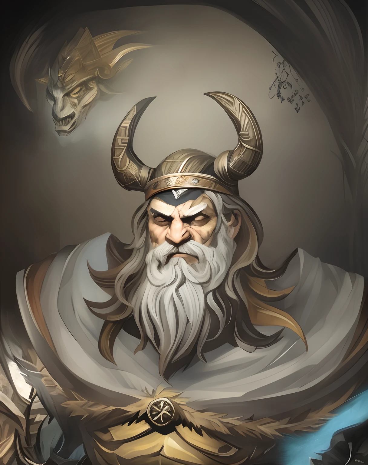A closeup of a man with a beard and horned head, Retrato pintado de Odin acidentado, retrato masculino do deus svarog, Fit male demon with white horns, Norse God, retrato druida, deus com chifres, Viking Bom, Berserker Potrait, Retrato pintado de Zeus acidentado, barba grisalha, Retrato Zeus, Retrato de Onmyoji, Retrato de Zeus acidentado