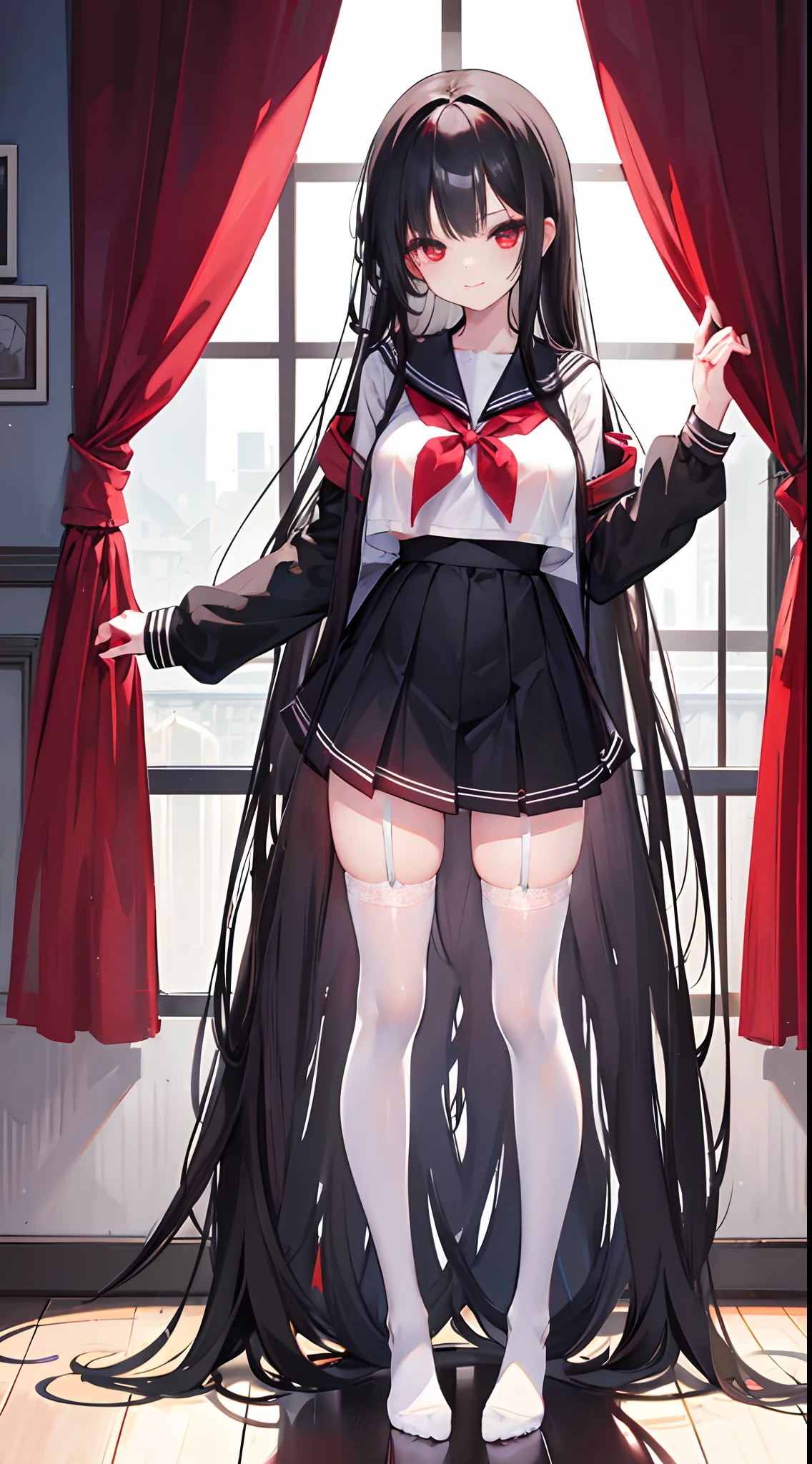 from below, best quality, In the center of the coliseum, a woman raises her hand high into the sky, (white and red magic school uniform:1.4), expressionless, brown miniskirt, brown knee-high socks, incredibly absurdres, extremely detailed, delicate texture, a huge swirling black hole of red, purple, and black in the sky, stinking eyes, jet black eyes, blunt bangs, jet black long straight hair