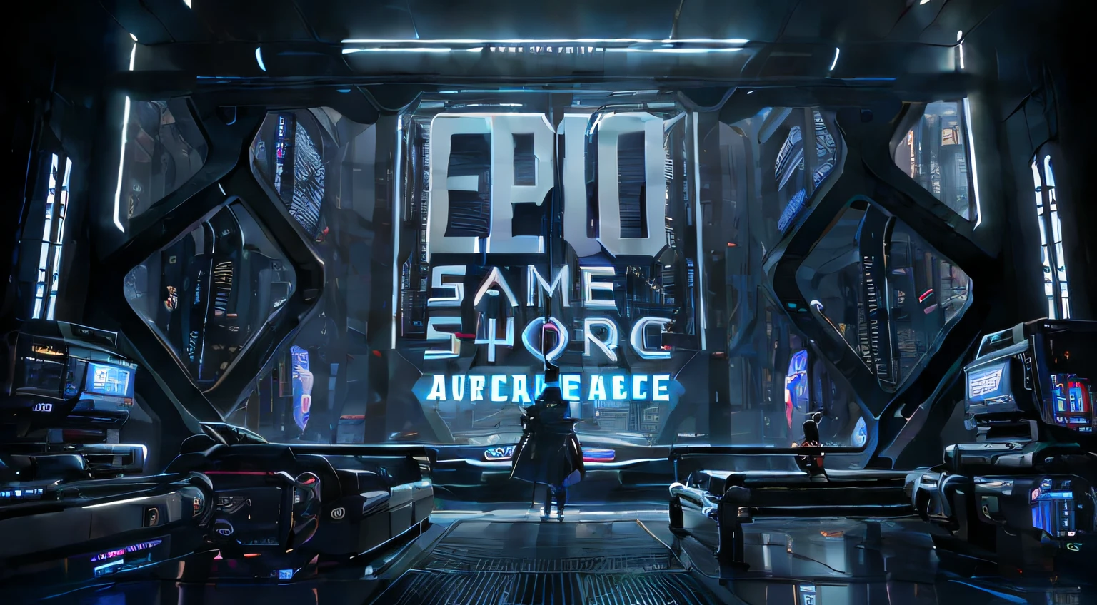 Ararfed view of a futuristic-looking room with a clock and a sign, Epic game, epic game portrait, epics, epics, epic games, highly detailed epic, epic megastructure, epic wallpaper, Epic Cape, Cyberpunk epic fantasy, Epic Cyberpunk, Arte da capa do Epic Splash, epic video game art, epic atmosphere, Epic size, Epic image, Winner of epic awards