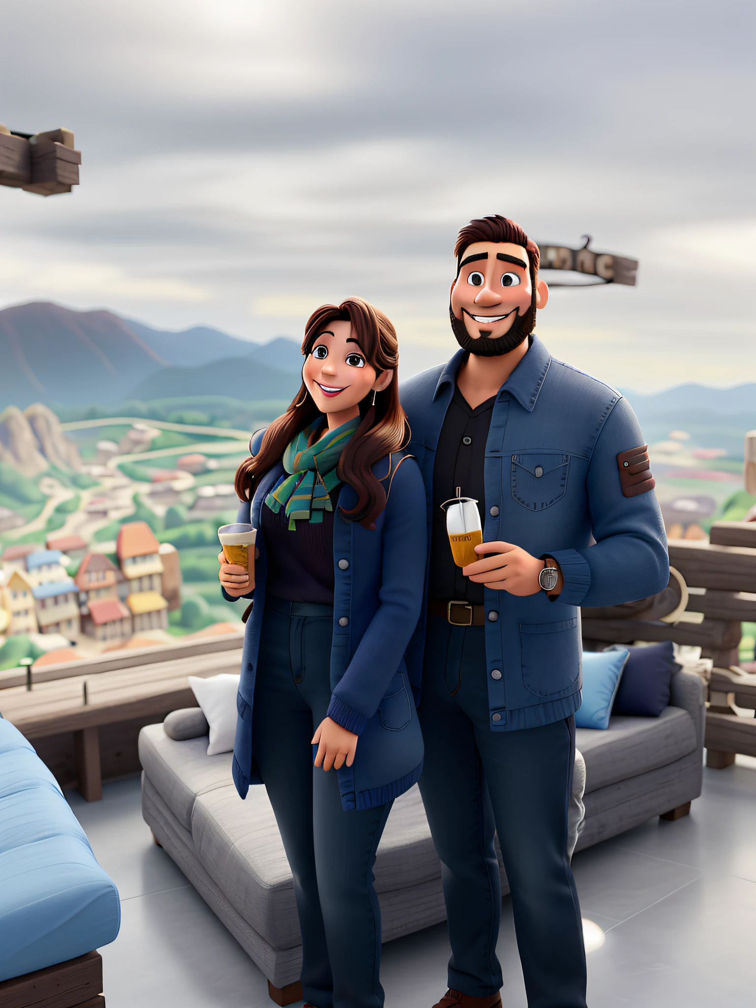 casal estilo pixar, bonitos, sorridentes, fundo de montanhas. Ela bonita, cabelos castanhos, deusa, sorridente, cabelos ondulados, ele alto, moreno, forte, barba bem feita. apaixondaos, Better Definition