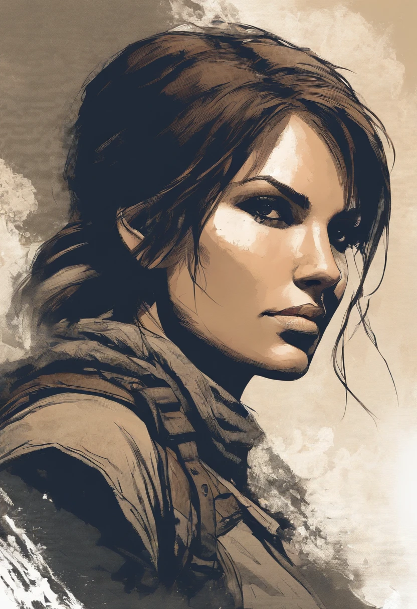 Lara Croft tomb Raider by Akihiko Yoshida, final fantasy tactics art style, 3/4 profile, duotone,color ink, pen strokes, stylized, abstract , wistful, pensive