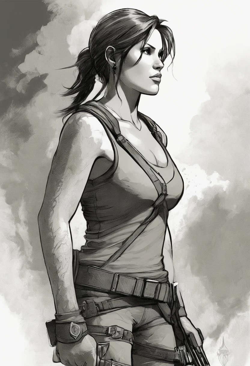 Lara Croft tomb Raider by Akihiko Yoshida, final fantasy tactics art style, 3/4 profile, duotone,color ink, pen strokes, stylized, abstract , wistful, pensive