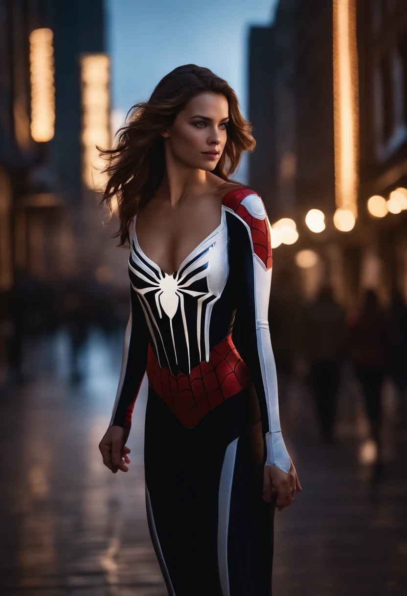 spider-man on spider's back, white and black costume, pale and slim white girl, long brown hair, shadows, modern short hair, wavy hair, dark hair, brown color eyes, (night city background) , spider and webs, full body, dynamic pose, beautiful coverage of body structure, hyper detailed painting, luminism, bar lighting, complex concept art portrait and 4k resolution.