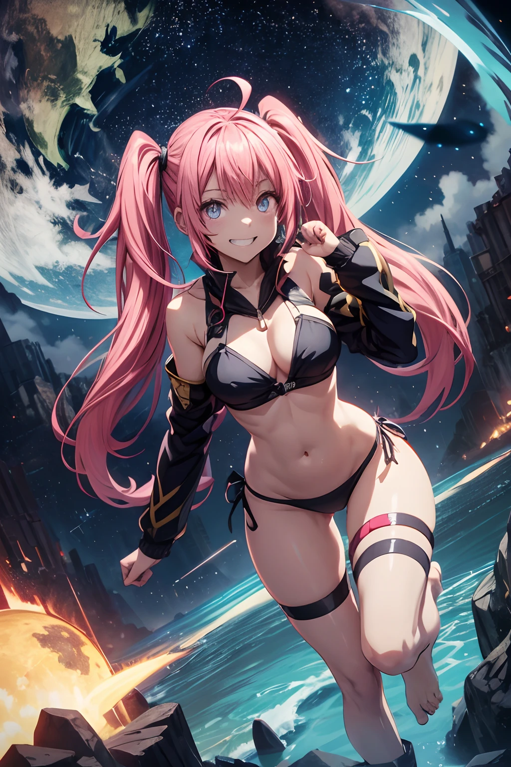 Milim Nava de tensei shitara slime datta ken, pink hair, long hair, twintails, eye reflection, glowing eyes, clenched teeth, evil smile, bright pupils, yandere, chiaroscuro, cinematic lighting, jpeg artifacts, ray tracing, drop shadow, anime, Minimalism, Sony FE, high detail, anime style, raised fist, En plein air, reflection light, image fill, panorama, masterpiece, UHD, super detail, high quality, 16k, highres, anatomically correct, ccurate, textured skin, high details, barefoot, in a bikini, muscular legs, muscular belly, full body photo, moon setting with starry sky and planet earth in the sky