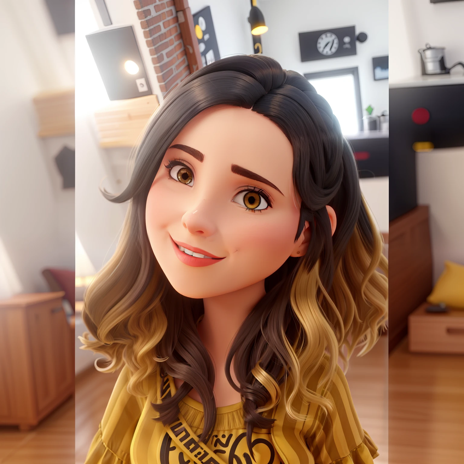Uma mulher linda, cabelo preto e amarelo, iluminada pela luz de uma janela