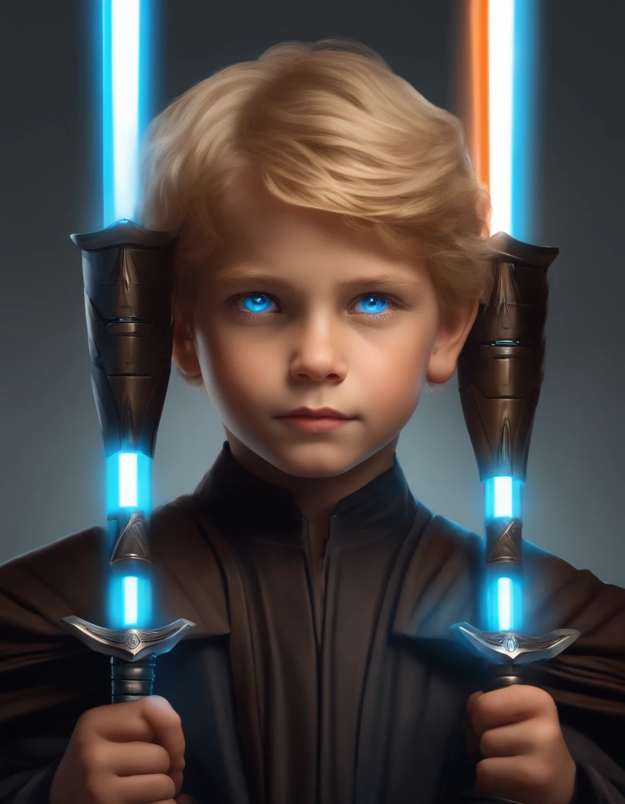 -yeld bold man w blonde hair, light blue eyes wearing full black padawan attire, boy with two orange saber in each hand