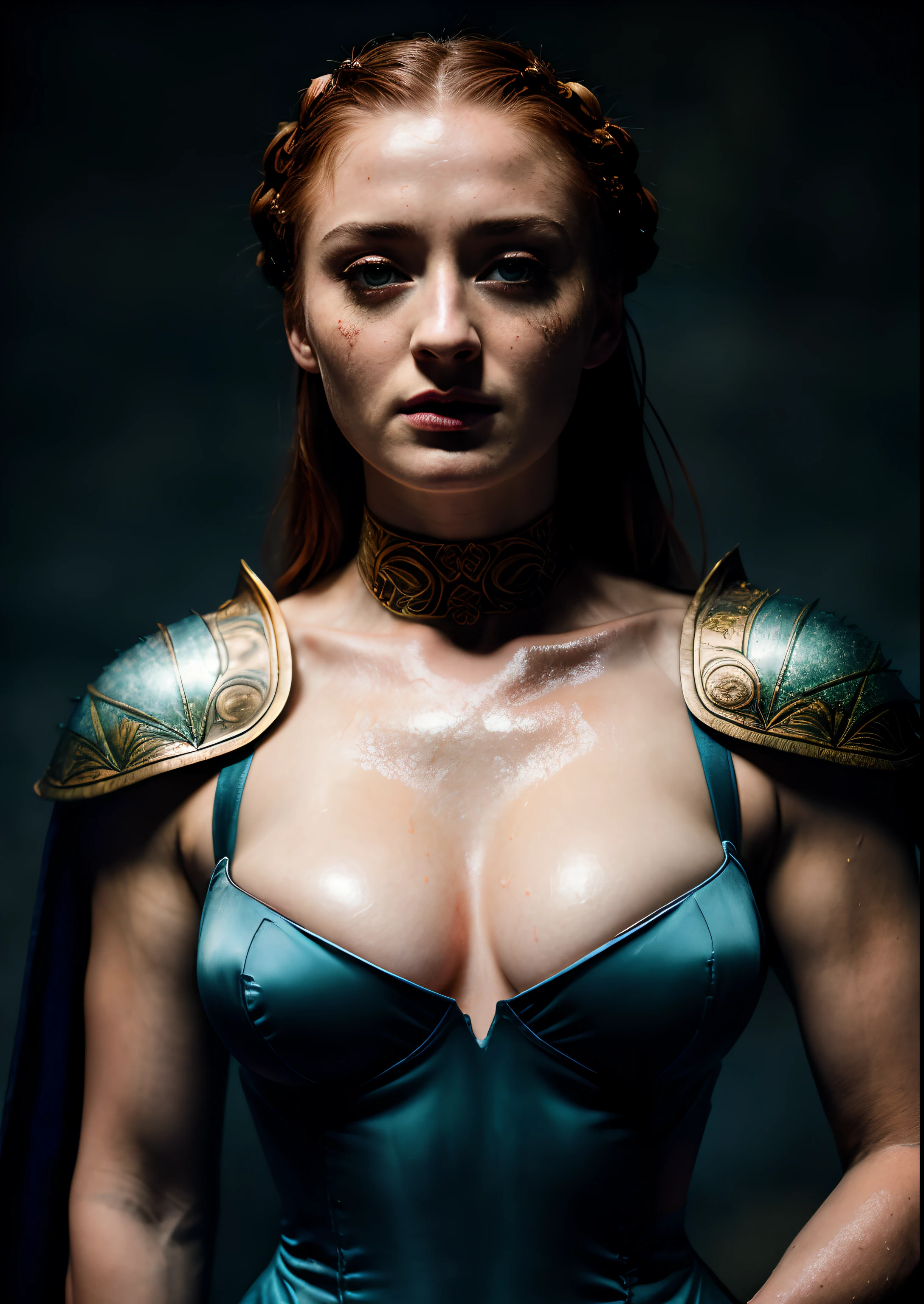 Sansa Stark, Gladiator dress, Full body shot,Mediaeval epic Battlefield background,erotic warrior costumes,standing alone,after battle, fierce looks,one hand up with sword, detailed hairy armpits, victory pose, blood in sword,Standing bravely after battle,battle movie scene,cinematic colour grading,blood stains in dress,fought the battle dominantly,Sansa Stark PLAYED BY Sophie Turner,Queen SANSA STARK,mature,milf, sexy mediaeval battle dress,gladiator woman,body,45 yo Woman,revealing costumes,perky breast,alluring figure,big natural breast,mediaeval costumes,mediaeval queen dress,erotic costumes,lusty physique,((detailed face)), ((detailed facial features)),(finely detailed skin), pale skin,(in a highly detailed sexy mediaeval dress,soft natural light,wet skin,(cool colors), damp, reflections, (masterpiece) (perfect aspect ratio), (realistic photo), (best quality), (detailed) photographed on a Canon EOS R5, 50mm lens, F/2.8, HDR, (8k) (wallpaper) (cinematic lighting) (dramatic lighting) (sharp focus) (intricate), RAW photo, RAW photo, gigachad photo,8k uhd, dslr, high quality, film grain, Fujifilm XT3, extremely detailed,photorealistic, realistic,incredibly absurd, highly detailed, sharp focus,(Professional Studio Lighting),(Professional Color Grading), Edge Lighting,Dramatic lighting,Cinematic lighting,Lumen reflections, Soft natural lighting, Soft color, Photon mapping, Radiosity, (Beautiful eyes), (Detailed eyes),  (Detailed face), symmetrical eyes, sharp eyes, cold face, full body), (HIGH LEVEL OF DETAIL),(wet, oil-lubricated),(sweaty),large breasts, high detailed skin, uncharacterized texture, hyper detailed, realistic skin texture, armor, best quality, ultra high res, (photorealistic: 1.4) high resolution, detailed, raw photo, sharp re, by lee jeffries nikon d850 film stock photography 4 kodak portra 400 camera  F1.6 Lens rich colors hyper realistic texture dramatic lighting UnrealEngine trend in Artstation Cinestill 800, veins in the body, (body and fitness).